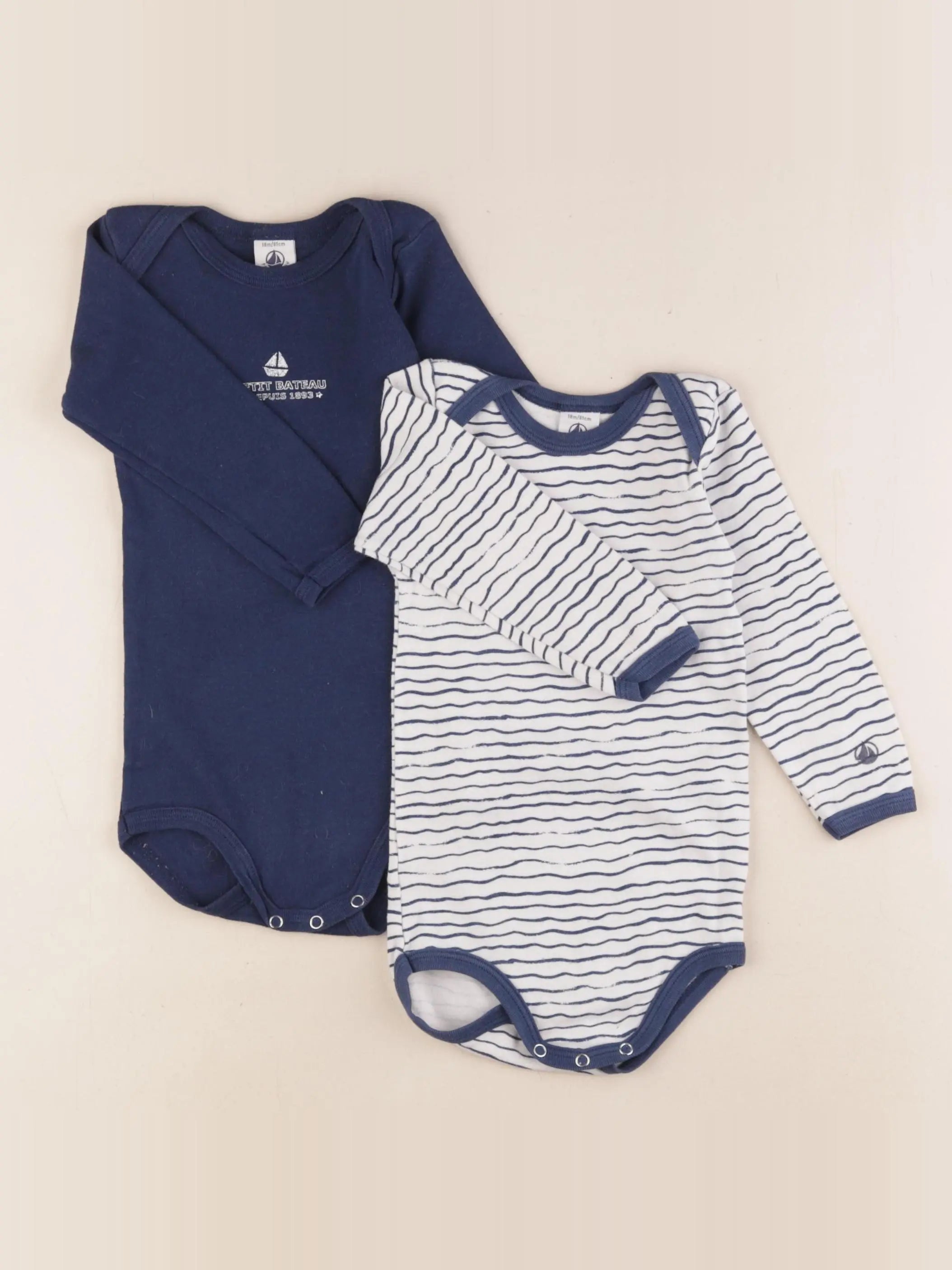 Petit Bateau - lot de 2 bodies en coton blanc, bleu - 18 mois