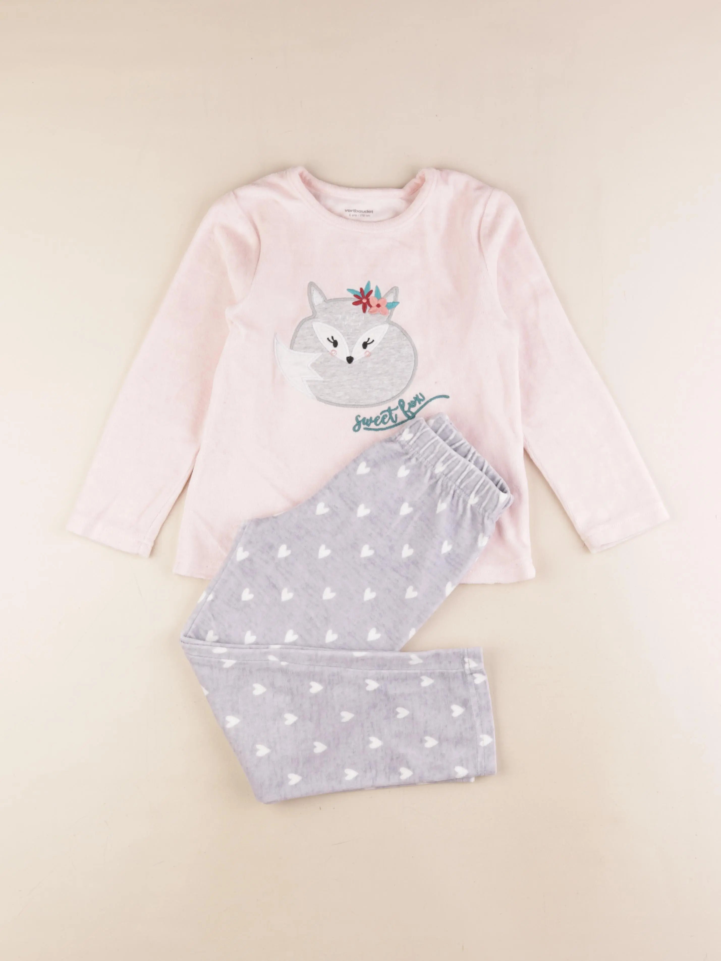 Vertbaudet - pyjama velours gris, rose - 6 ans