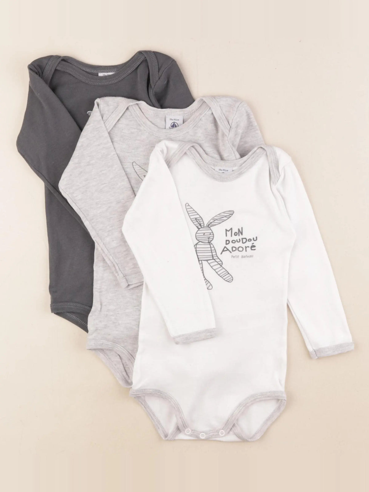 Petit Bateau - lot de 3 bodies en coton blanc, gris - 18 mois