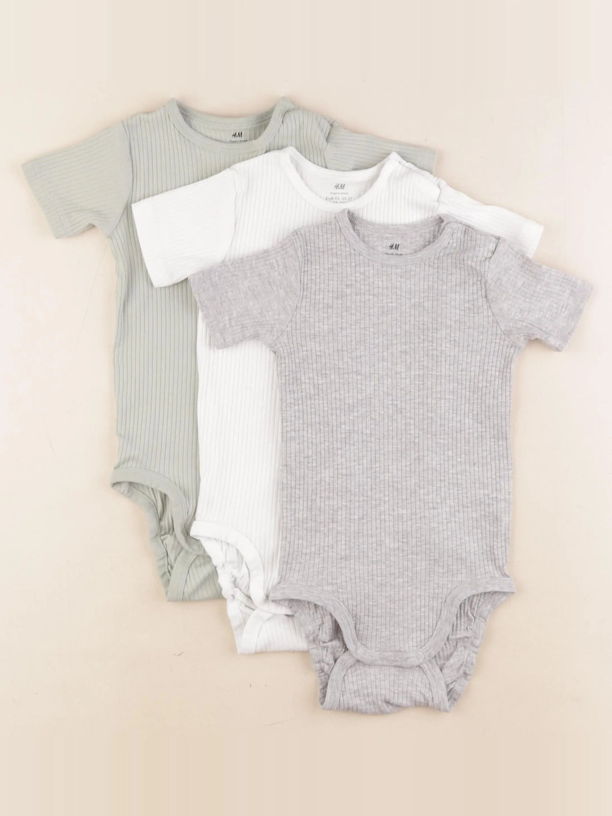 H&M - lot de 3 bodies en coton blanc, vert, gris - 18/24 mois