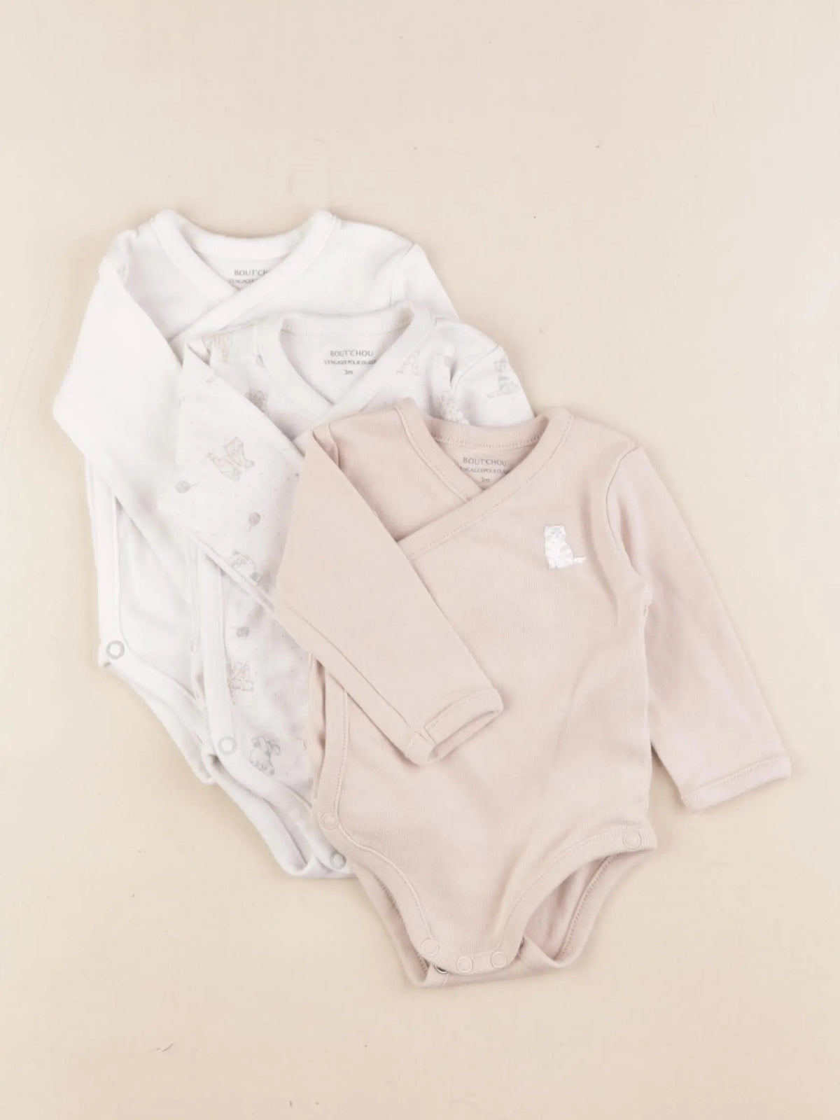 Boutchou - lot de 3 bodies en coton beige - 3 mois