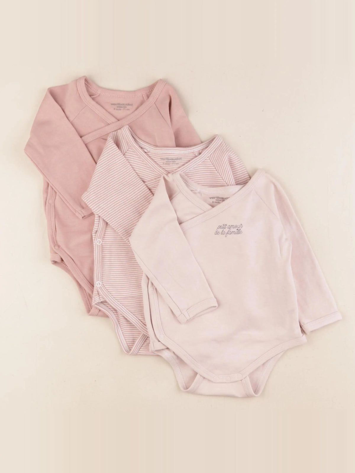 Vertbaudet - lot de 3 bodies en coton velours beige - 9 mois
