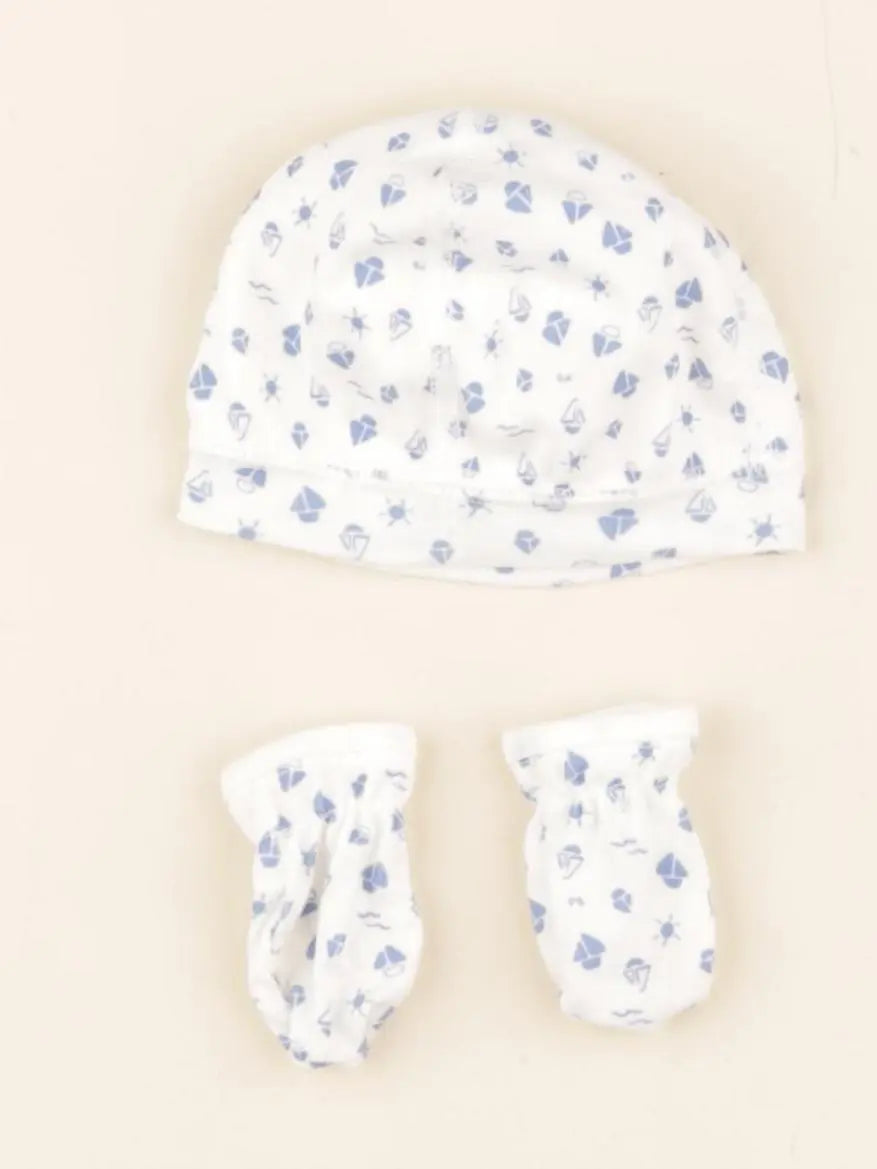 Petit Bateau - ensemble bonnet/moufles bleu - 0/1 mois