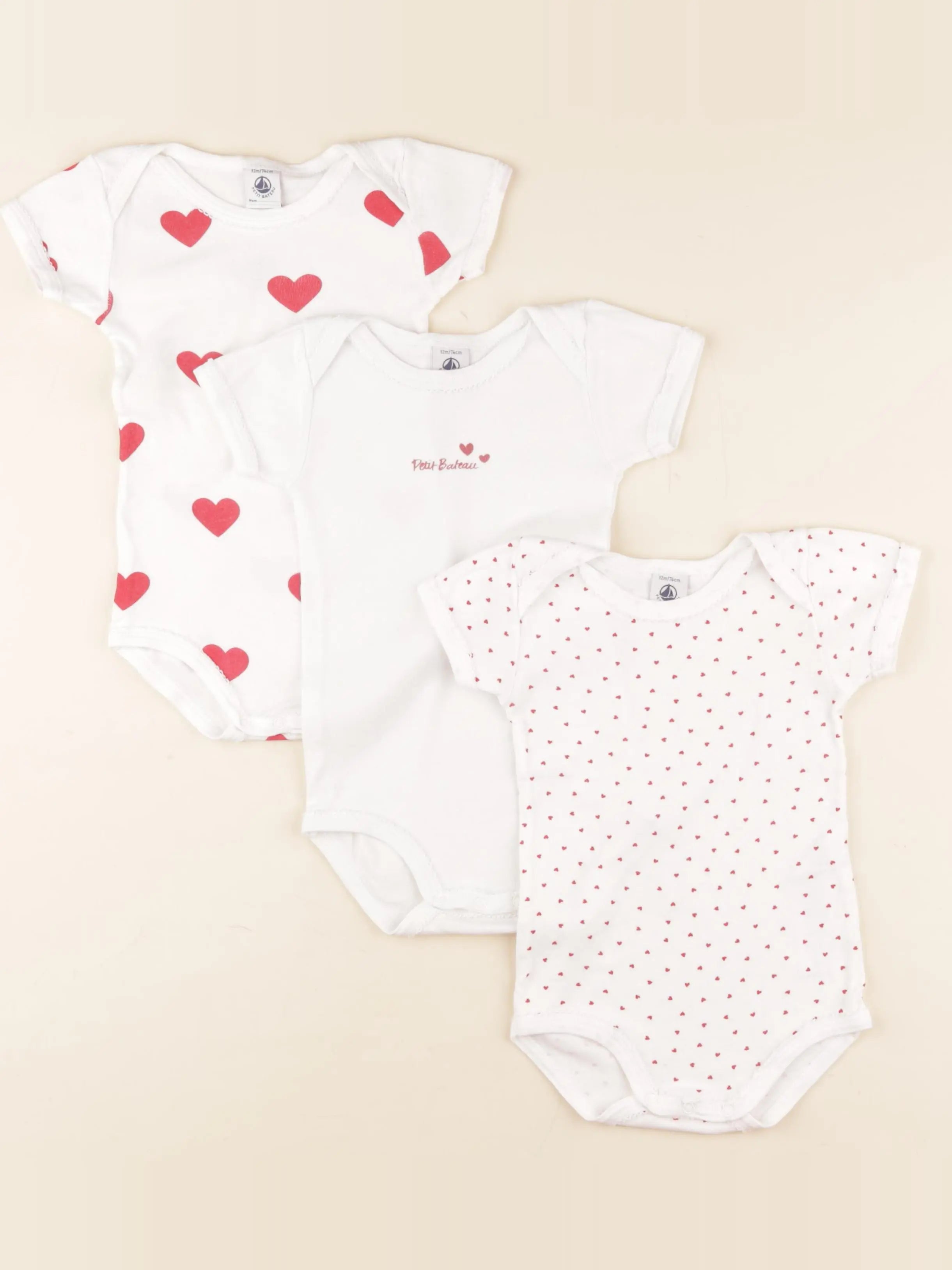 Petit Bateau - lot de 3 bodies en coton blanc, rouge - 12 mois