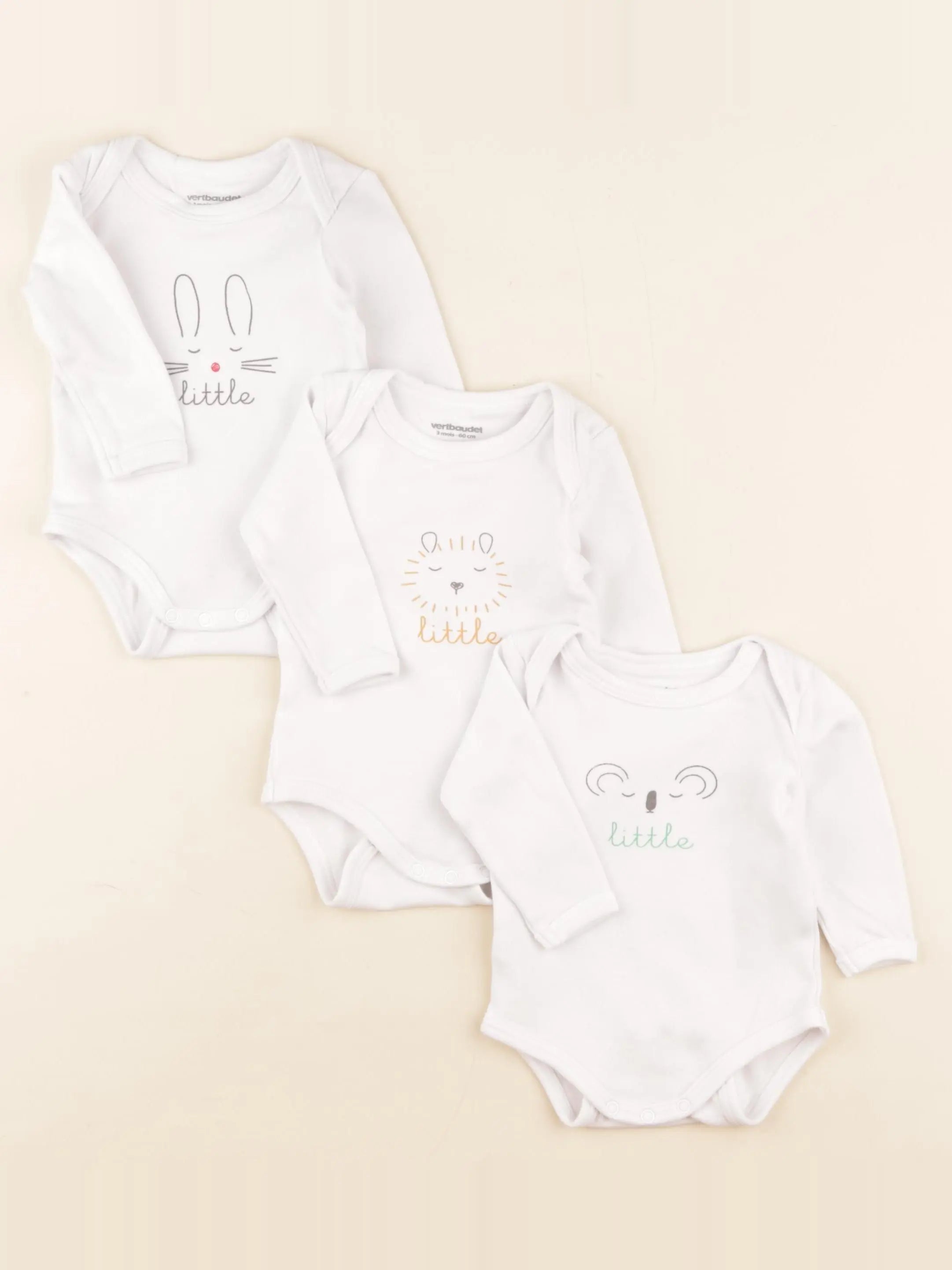 Vertbaudet - lot de 3 bodies en coton blanc - 3 mois