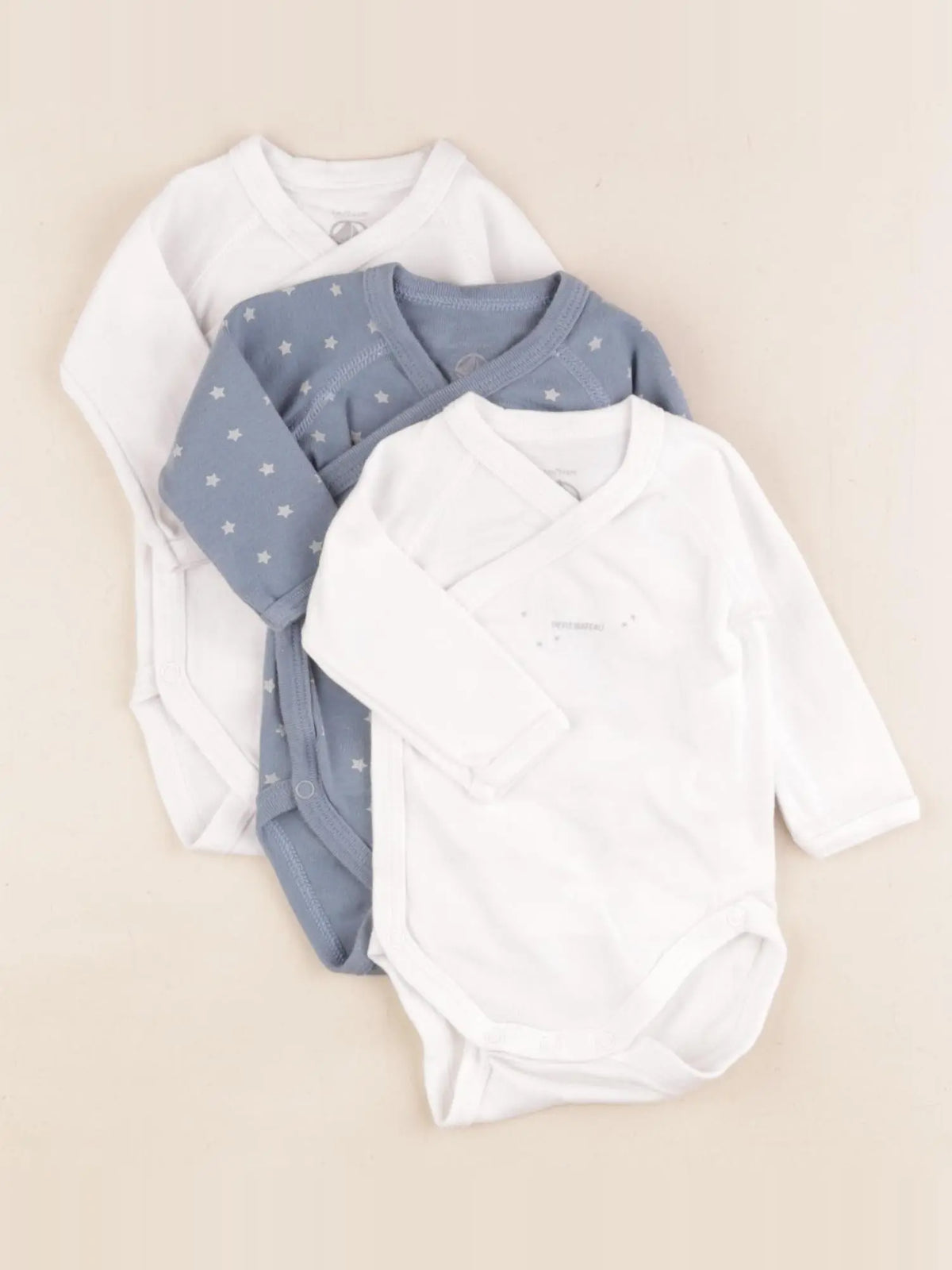 Petit Bateau - lot de 3 bodies en coton blanc, bleu - 1 mois