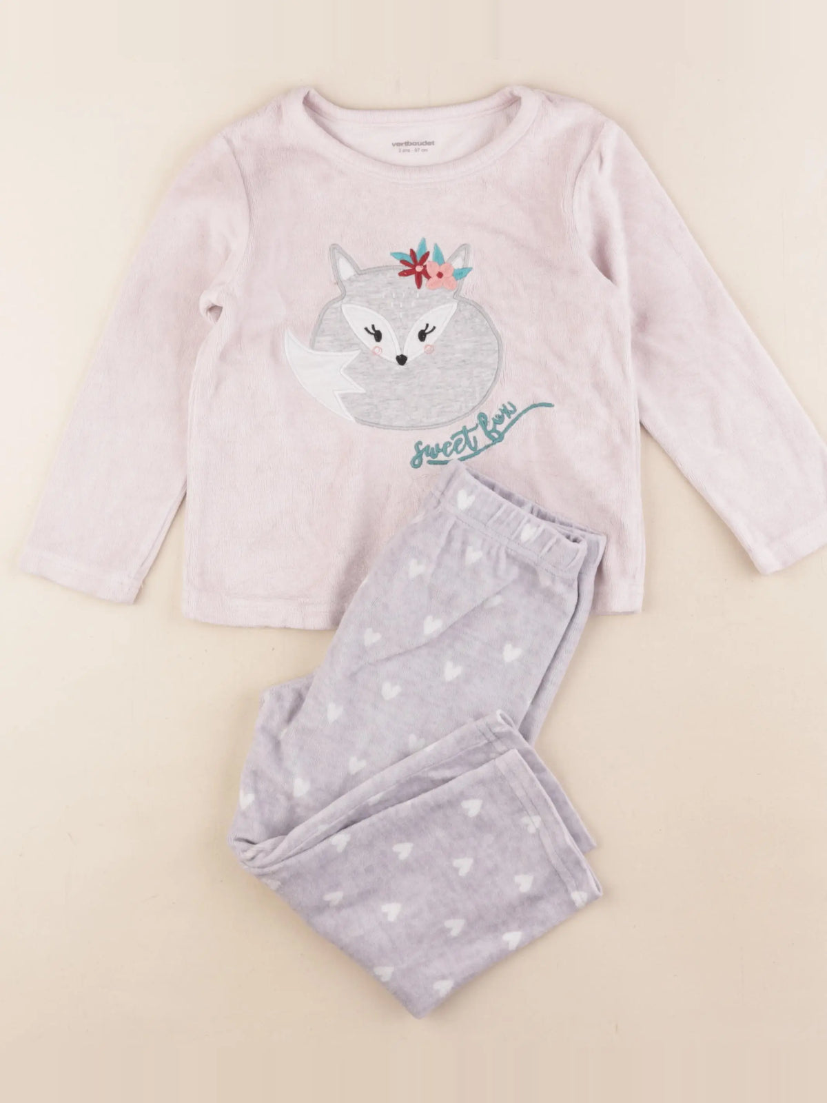 Vertbaudet - pyjama velours rose, gris - 3 ans