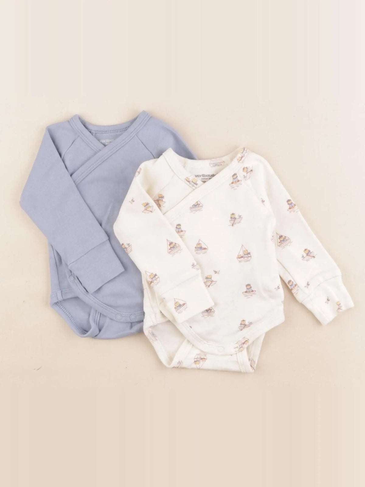 Vertbaudet - lot de 2 bodies en coton bleu, beige - 1 mois