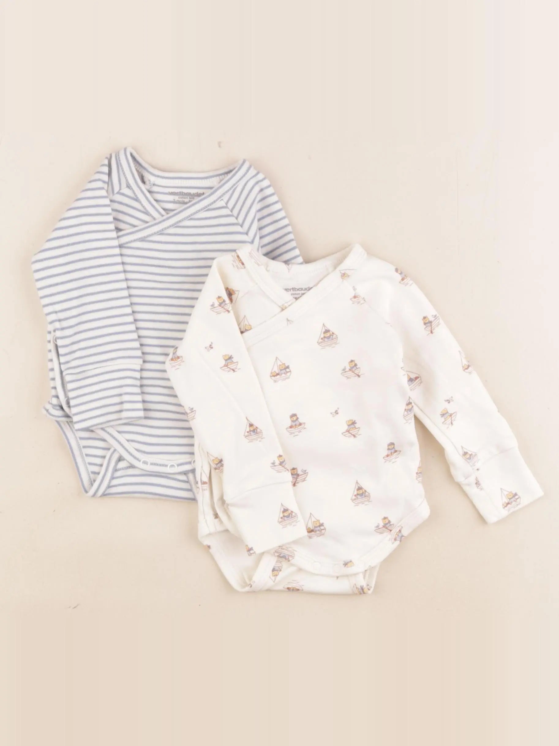 Vertbaudet - lot de 2 bodies en coton bleu, beige - 3 mois