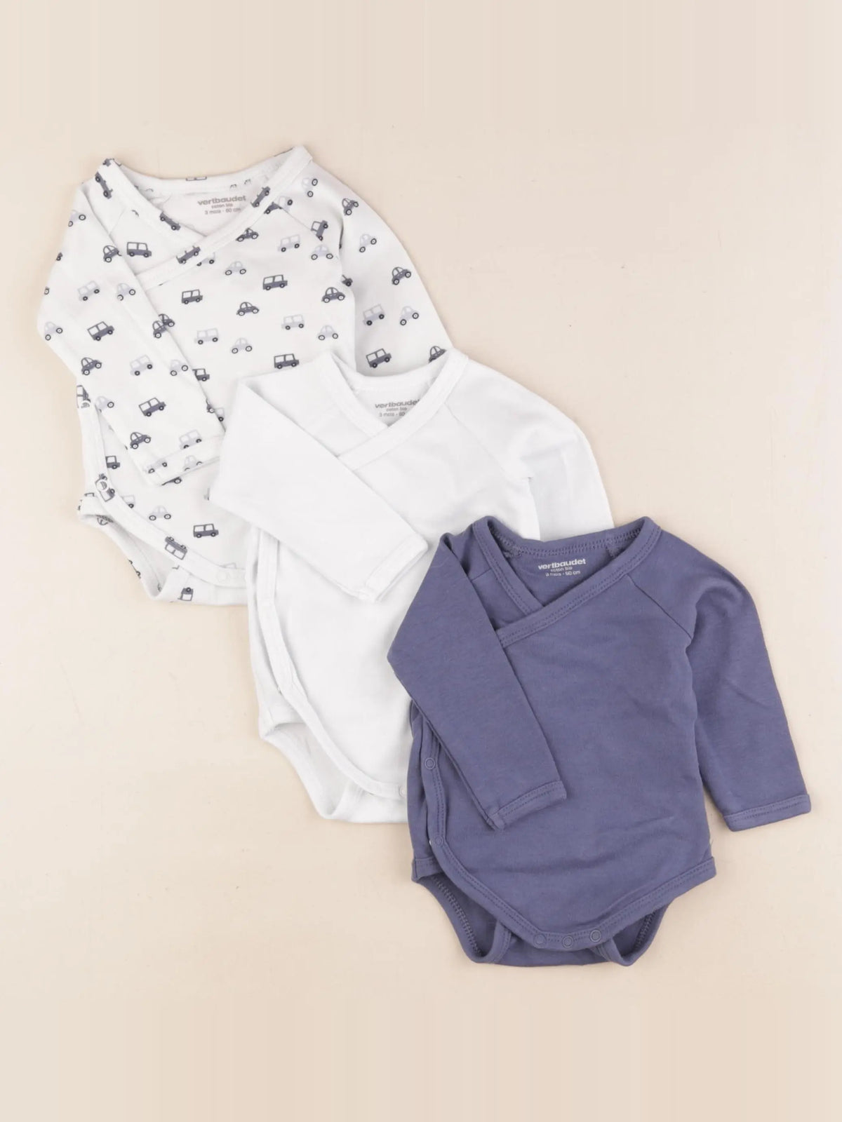 Vertbaudet - lot de 3 bodies en coton bleu, blanc - 3 mois