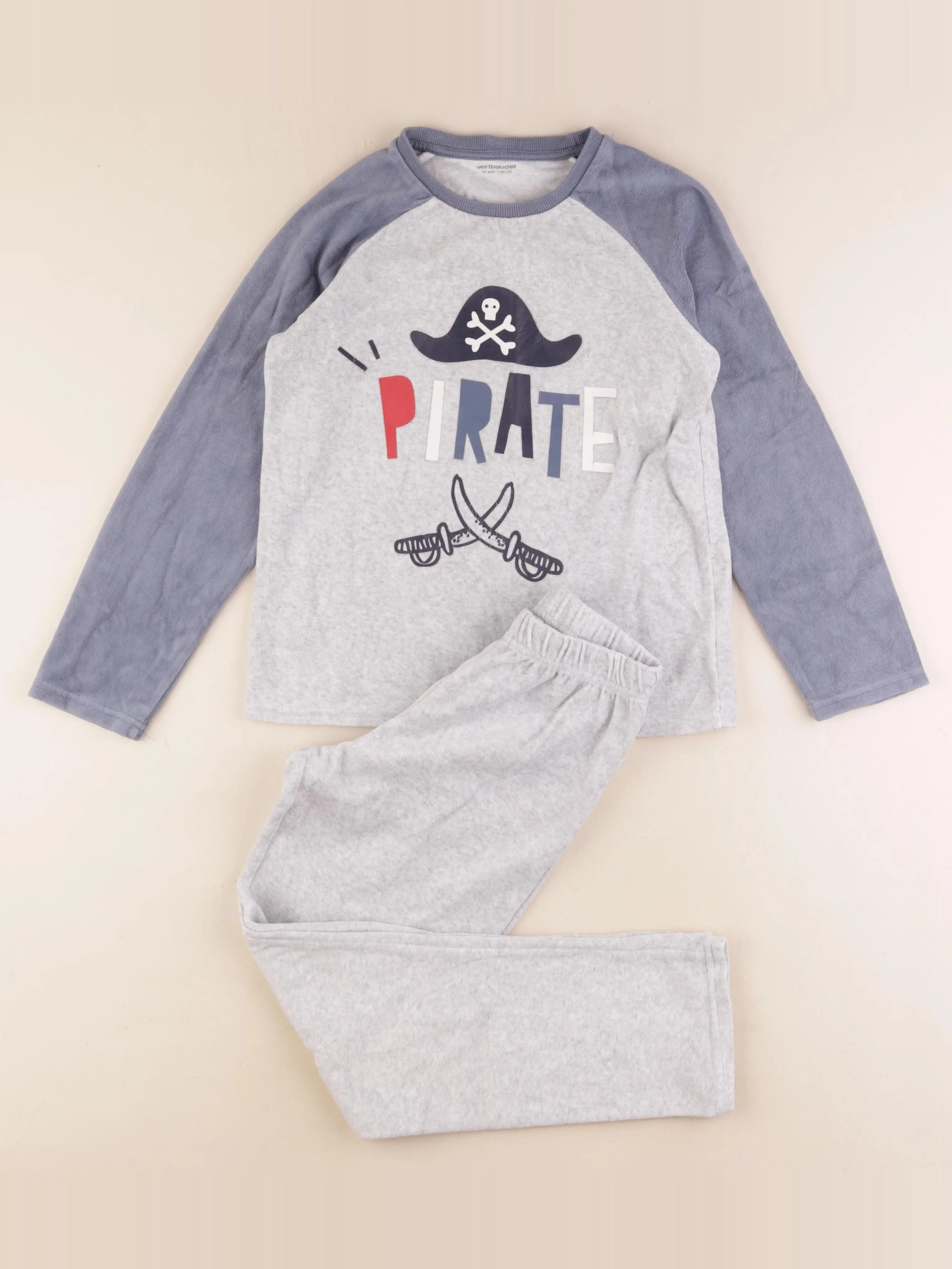 Vertbaudet - pyjama velours bleu, gris - 10 ans