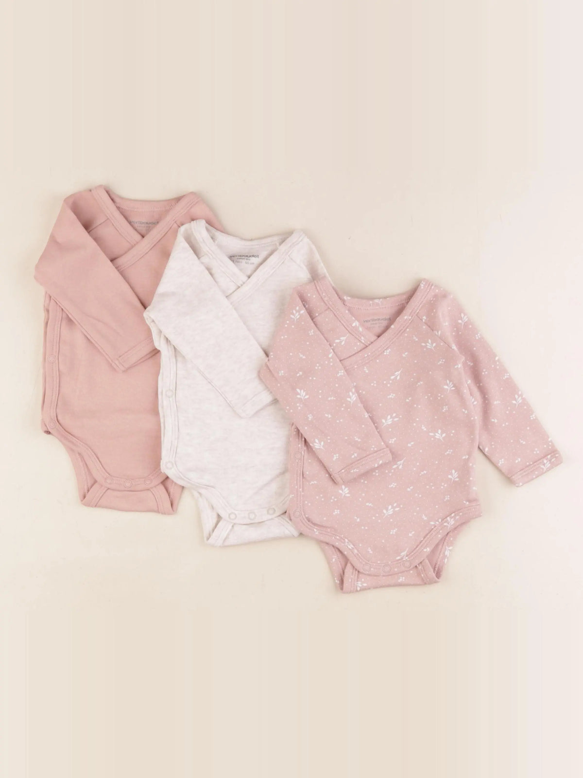 Vertbaudet - lot de 3 bodies en coton rose, beige - 3 mois