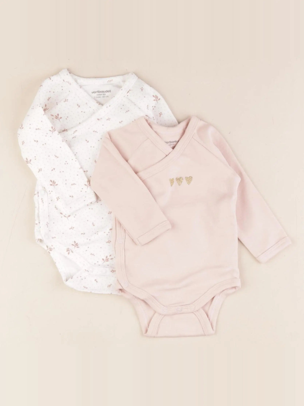 Vertbaudet - lot de 2 bodies en coton blanc, rose - 3 mois