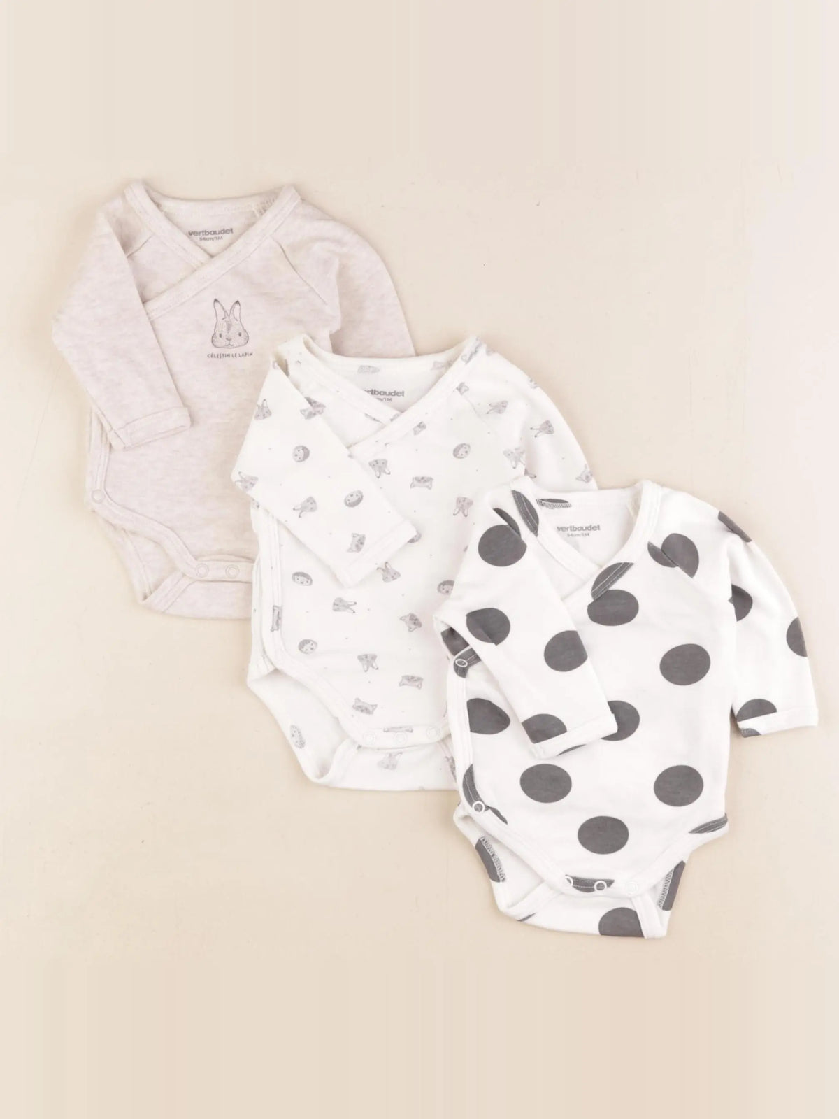 Vertbaudet - lot de 3 bodies en coton blanc, beige - 1 mois