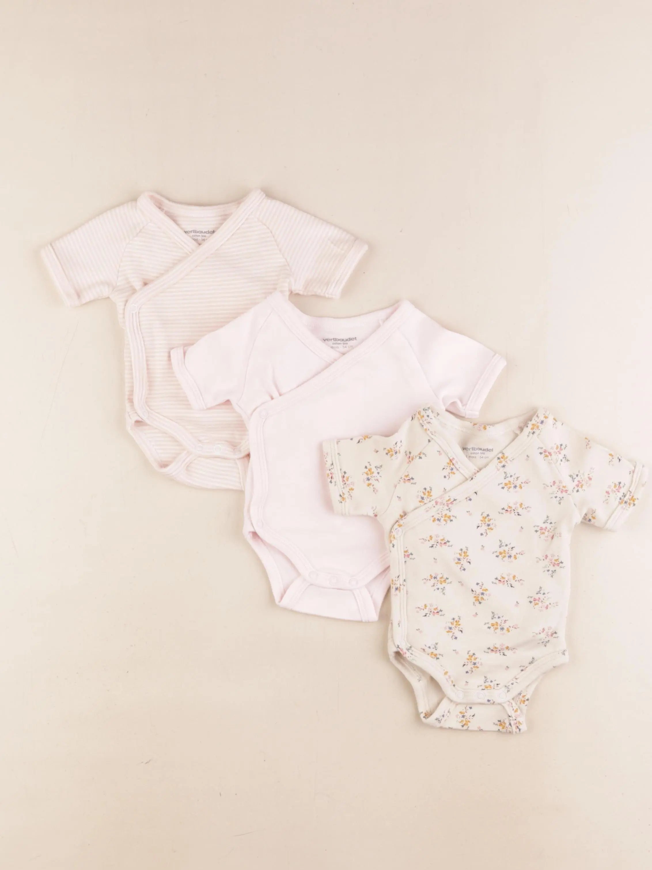 Vertbaudet - lot de 3 bodies en coton rose, beige - 1 mois