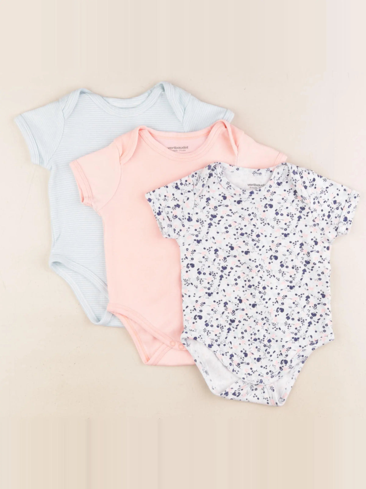 Vertbaudet - lot de 3 bodies en coton bleu, rose - 9 mois