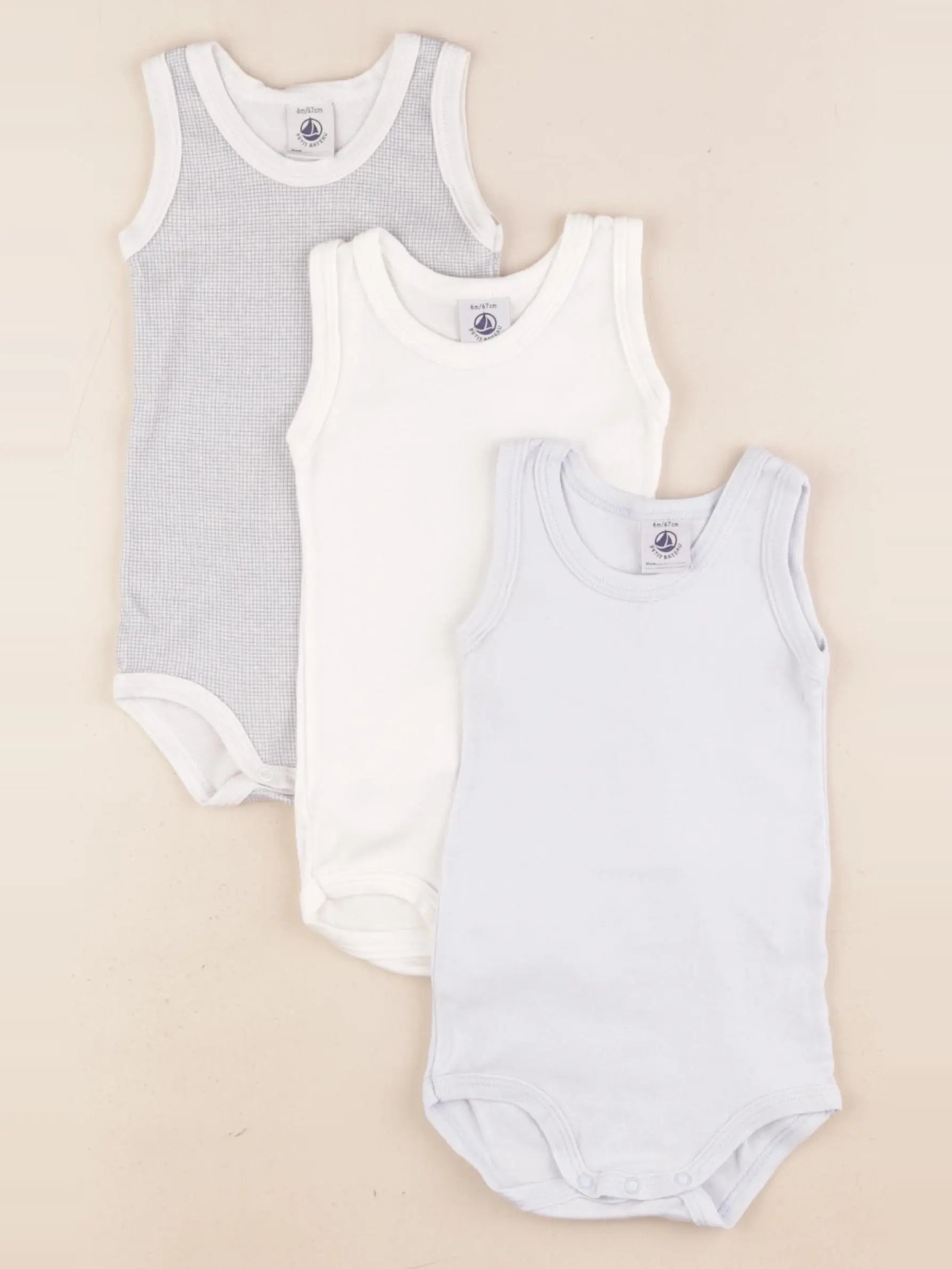 Petit Bateau - lot de 3 bodies en coton blanc, bleu - 6 mois