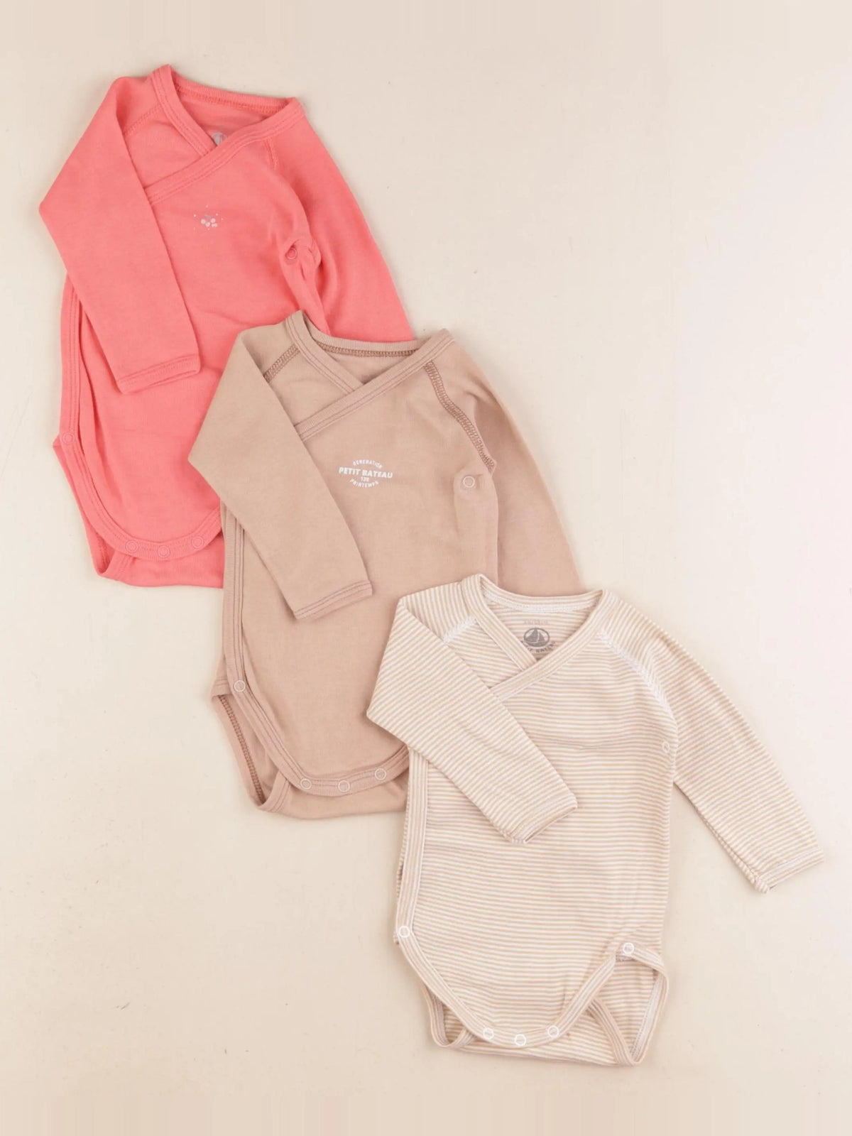Petit Bateau - lot de 3 bodies en coton rose, beige - 3 mois