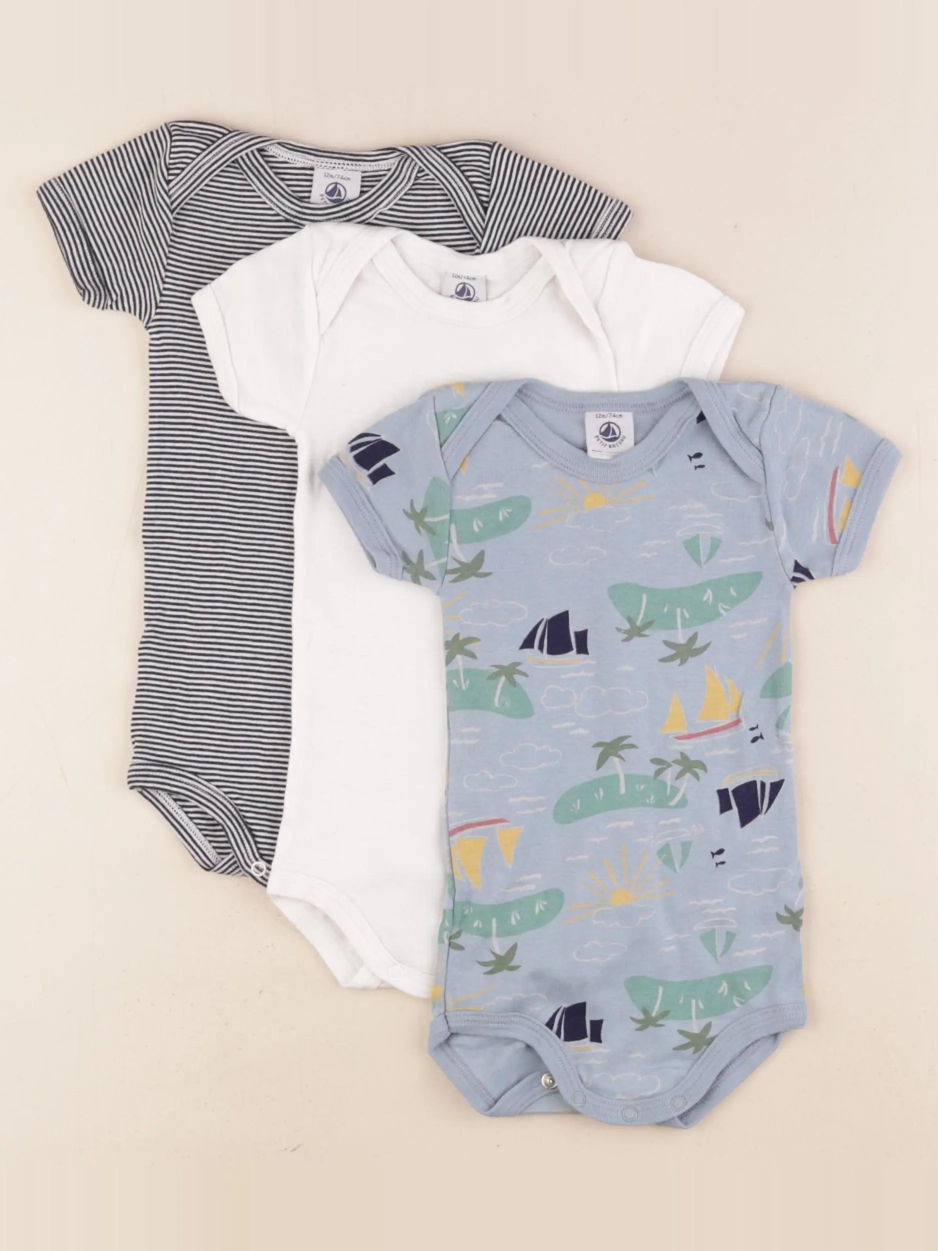 Petit Bateau - lot de 3 bodies en coton bleu, blanc - 12 mois