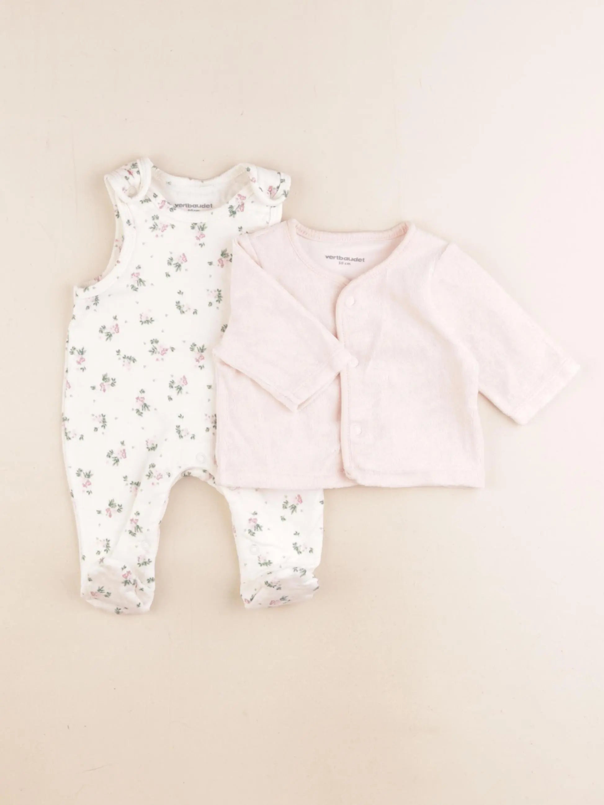 Vertbaudet - pyjama coton blanc, rose - 0 mois
