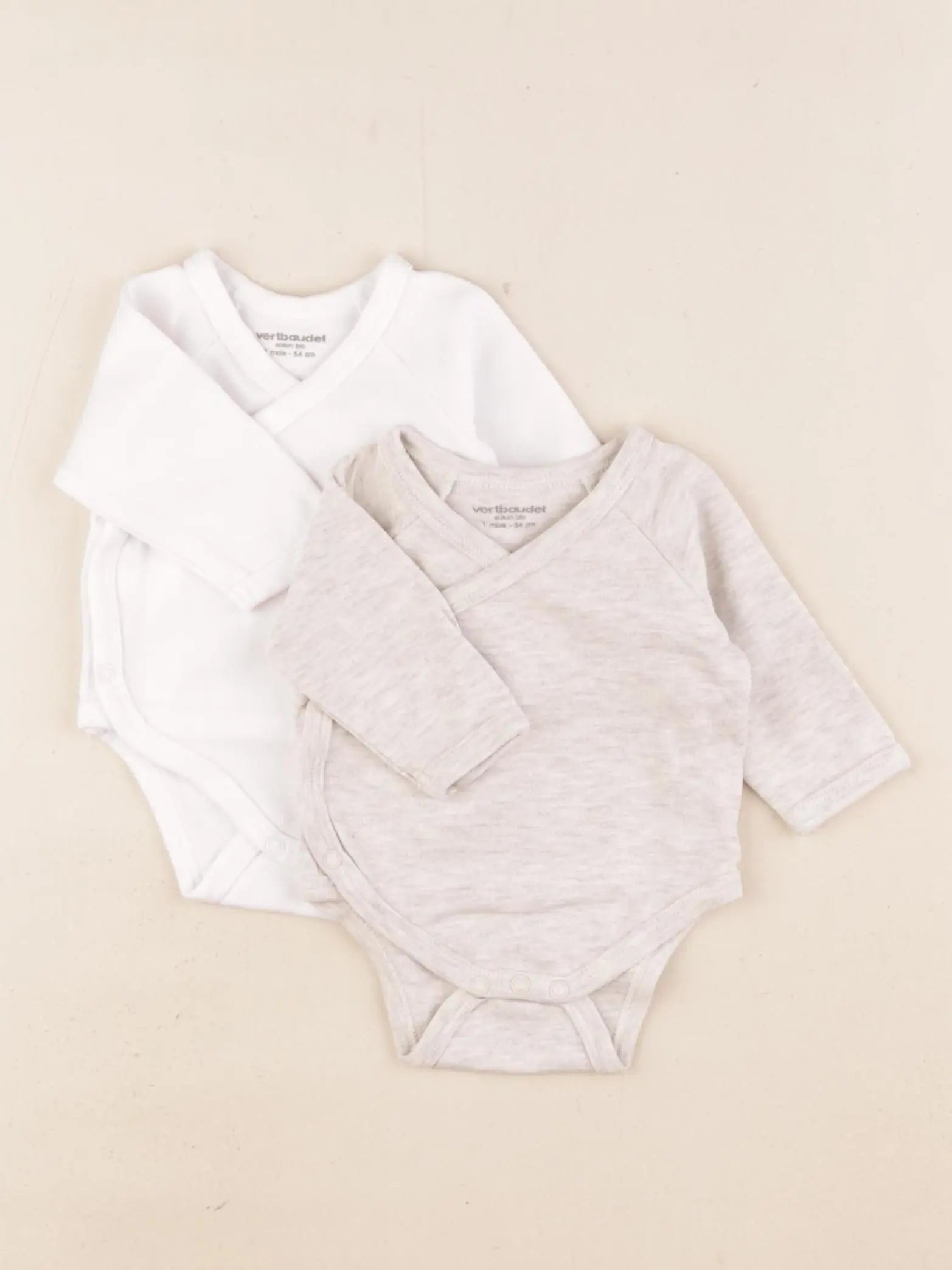 Vertbaudet - lot de 2 bodies en coton blanc, beige - 1 mois