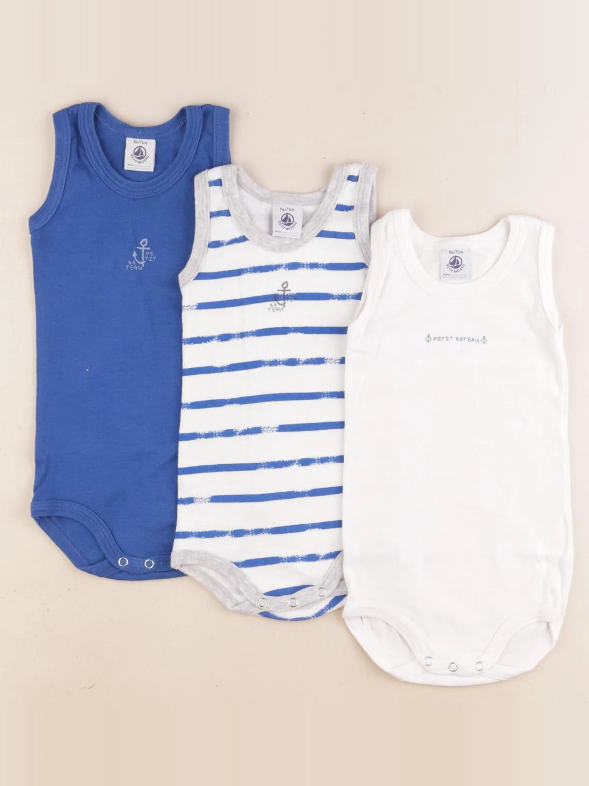 Petit Bateau - lot de 3 bodies en coton blanc, bleu - 9 mois