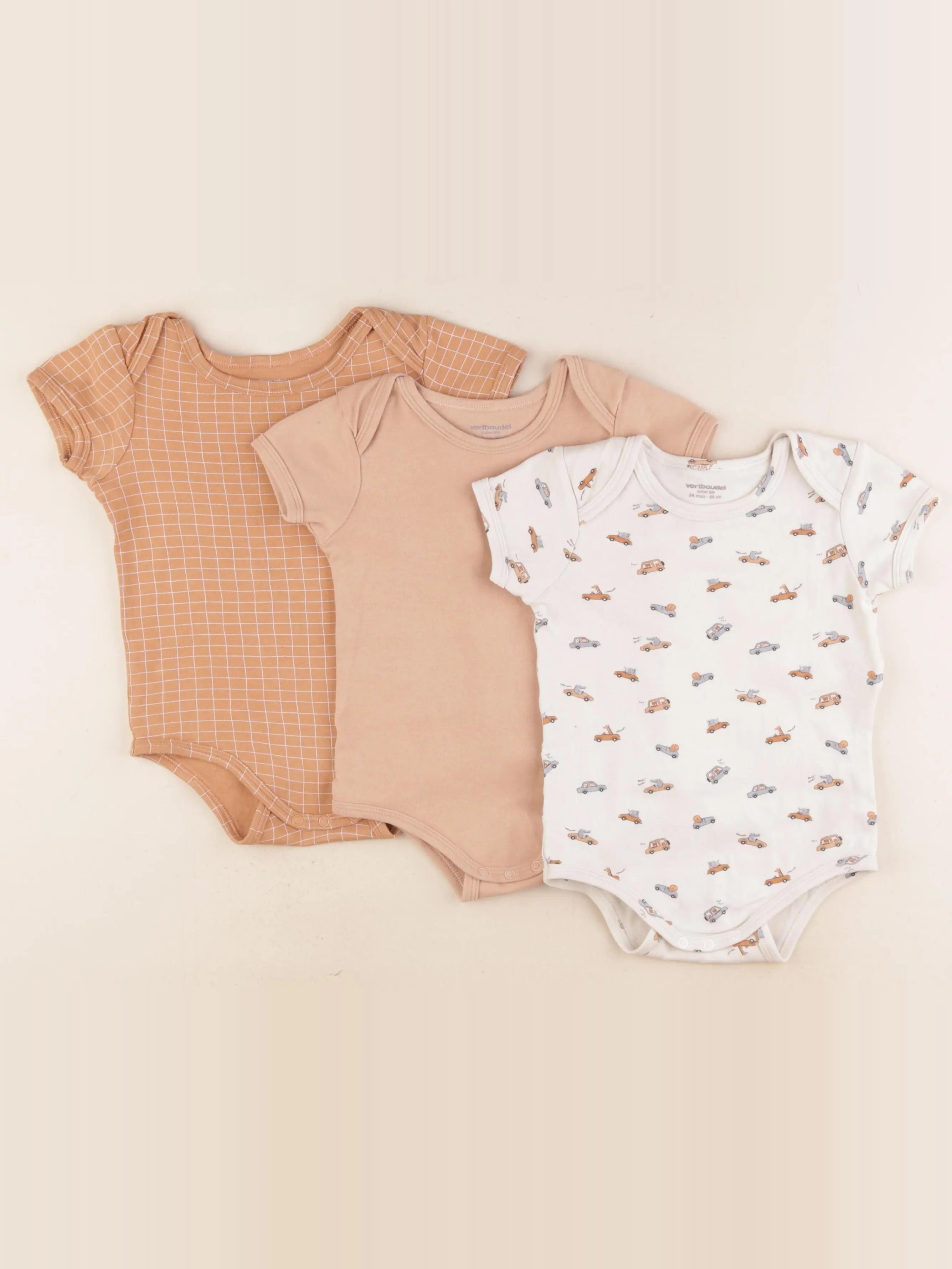 Vertbaudet - lot de 3 bodies en coton beige, marron - 24 mois