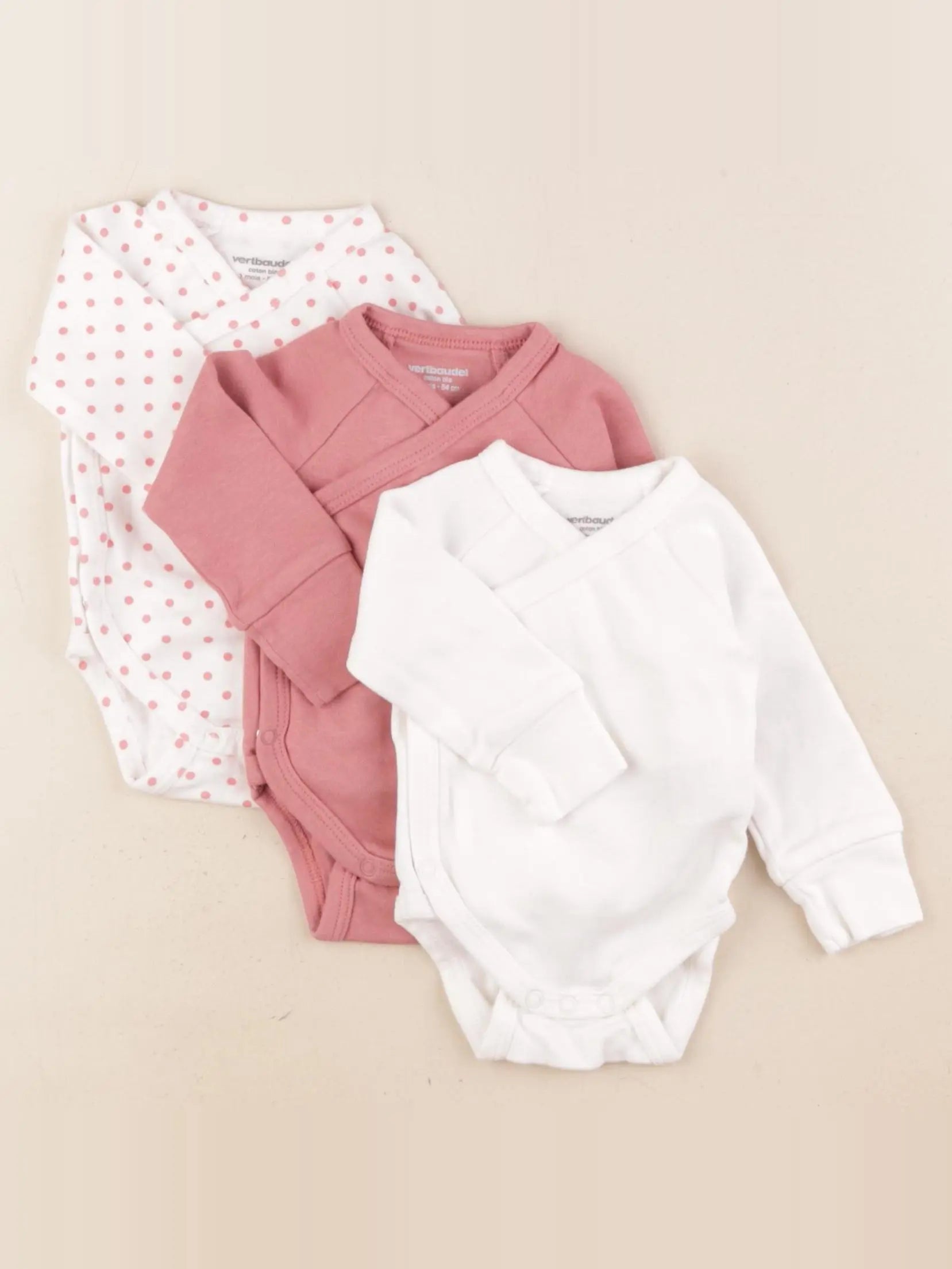 Vertbaudet - lot de 3 bodies en coton rose, blanc - 1 mois