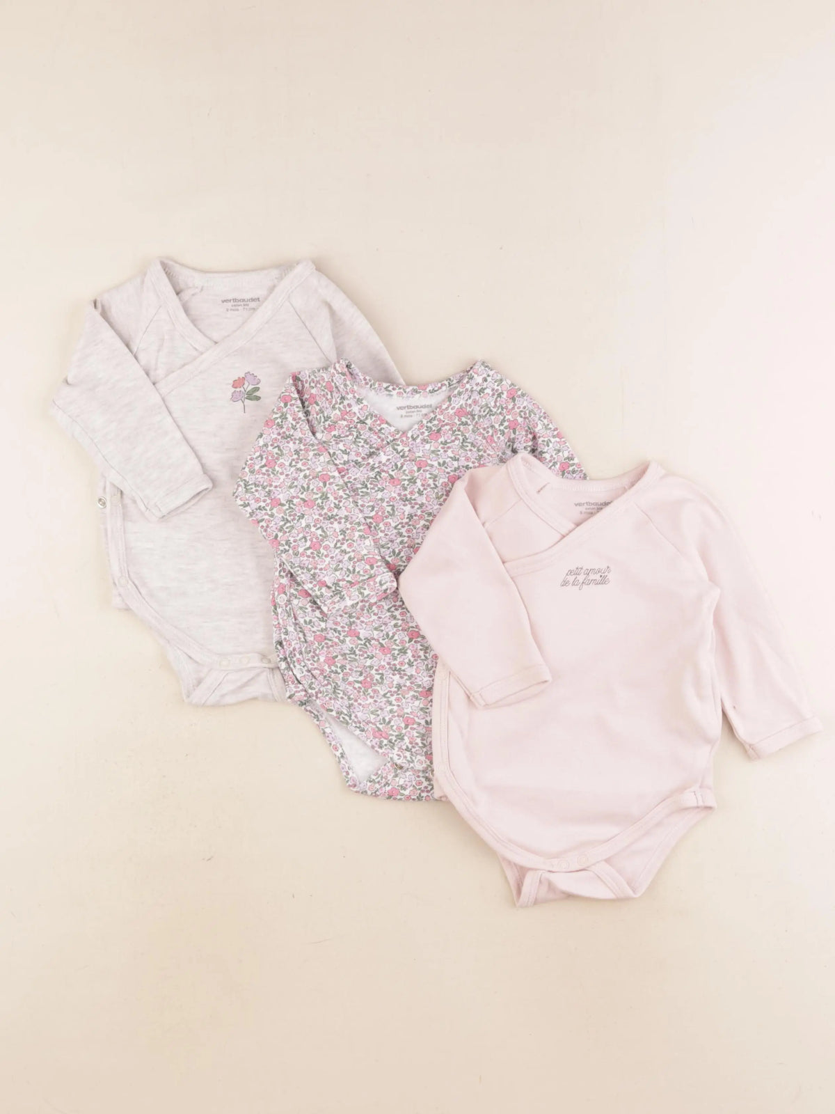Vertbaudet - lot de 3 bodies en coton rose, beige - 9 mois