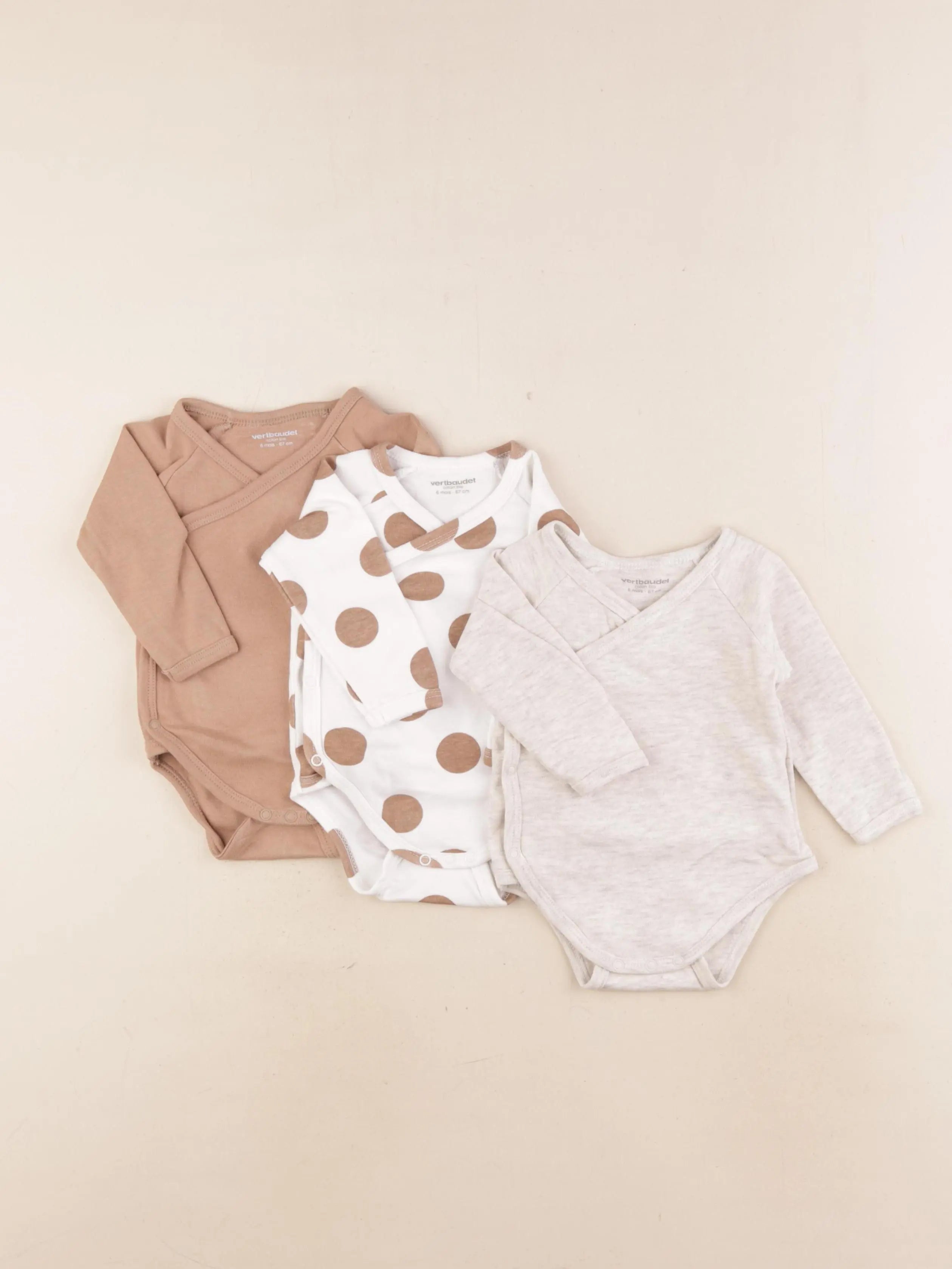 Vertbaudet - lot de 3 bodies en coton beige, marron - 6 mois