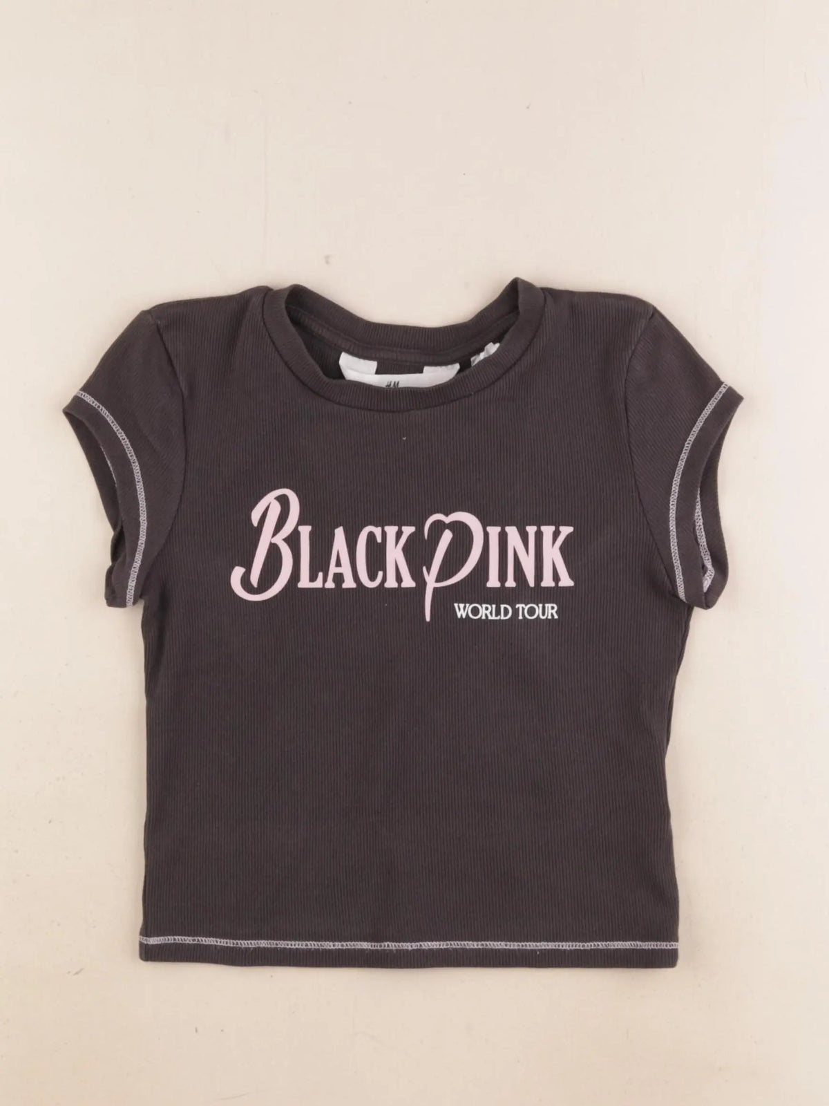 H&M - tee-shirt court gris, rose - 8/10 ans