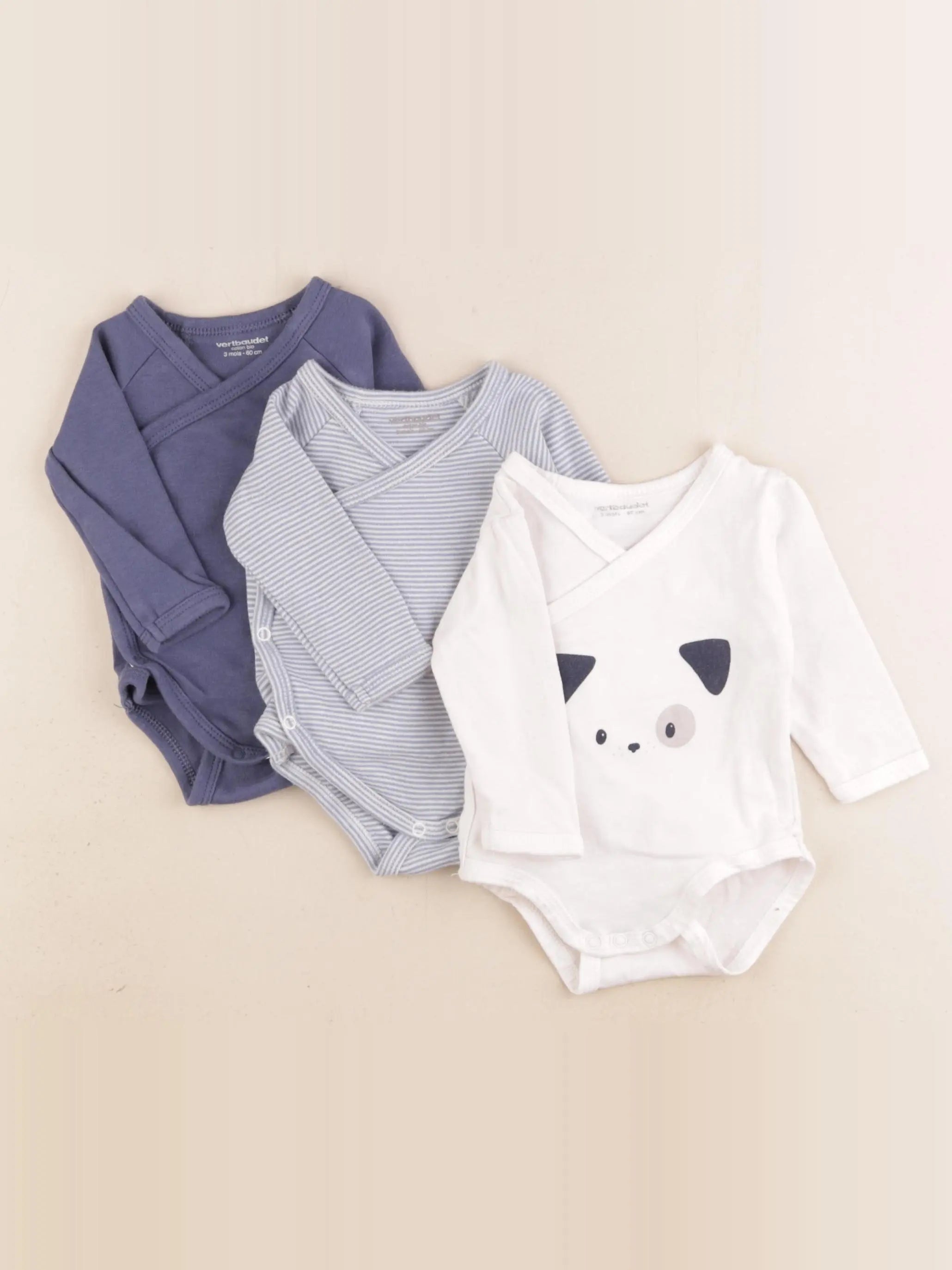 Vertbaudet - lot de 3 bodies en coton bleu, blanc - 3 mois