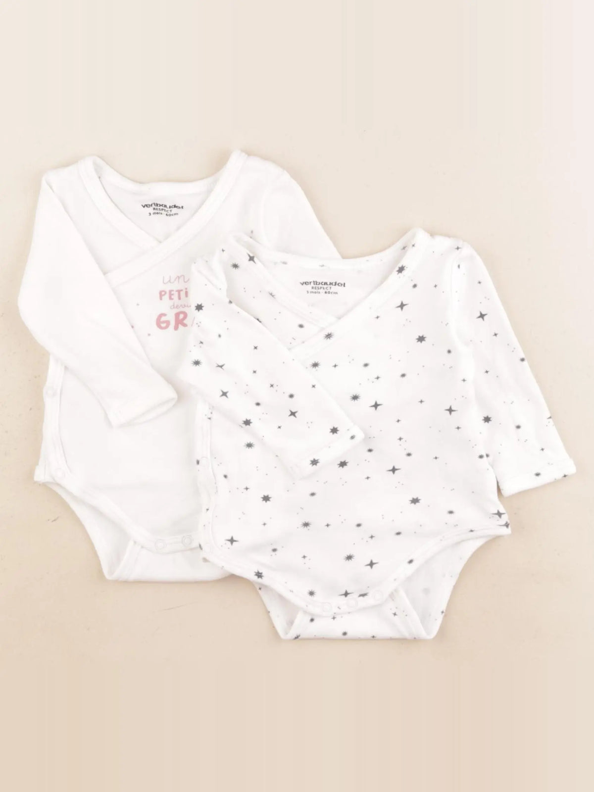 Vertbaudet - lot de 2 bodies en coton blanc - 3 mois