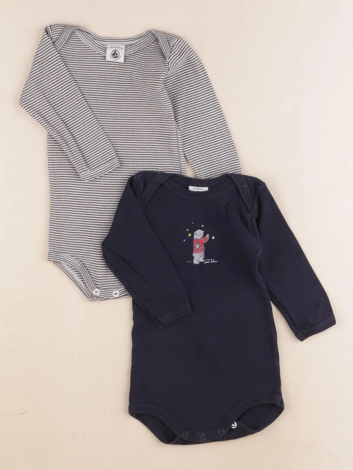 Petit Bateau - lot de 2 bodies en coton bleu, gris - 6 mois