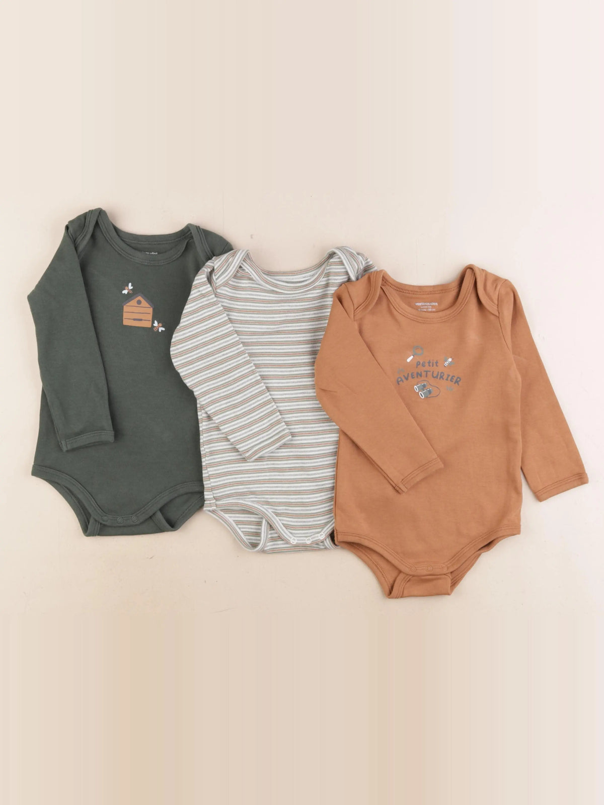 Vertbaudet - lot de 3 bodies en coton marron, vert - 24 mois