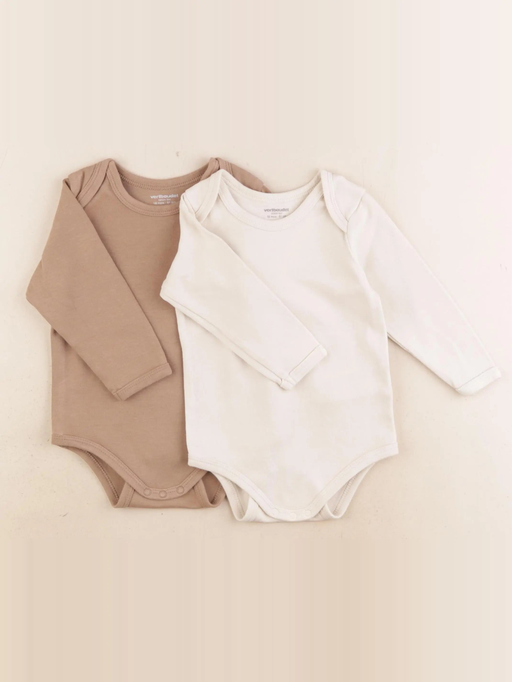 Vertbaudet - lot de 2 bodies en coton beige, marron - 18 mois