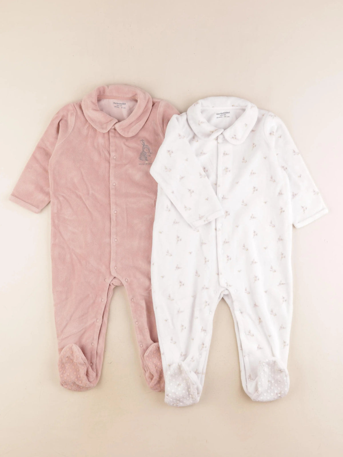 Vertbaudet - lot de 2 pyjamas velours rose, blanc - 18 mois