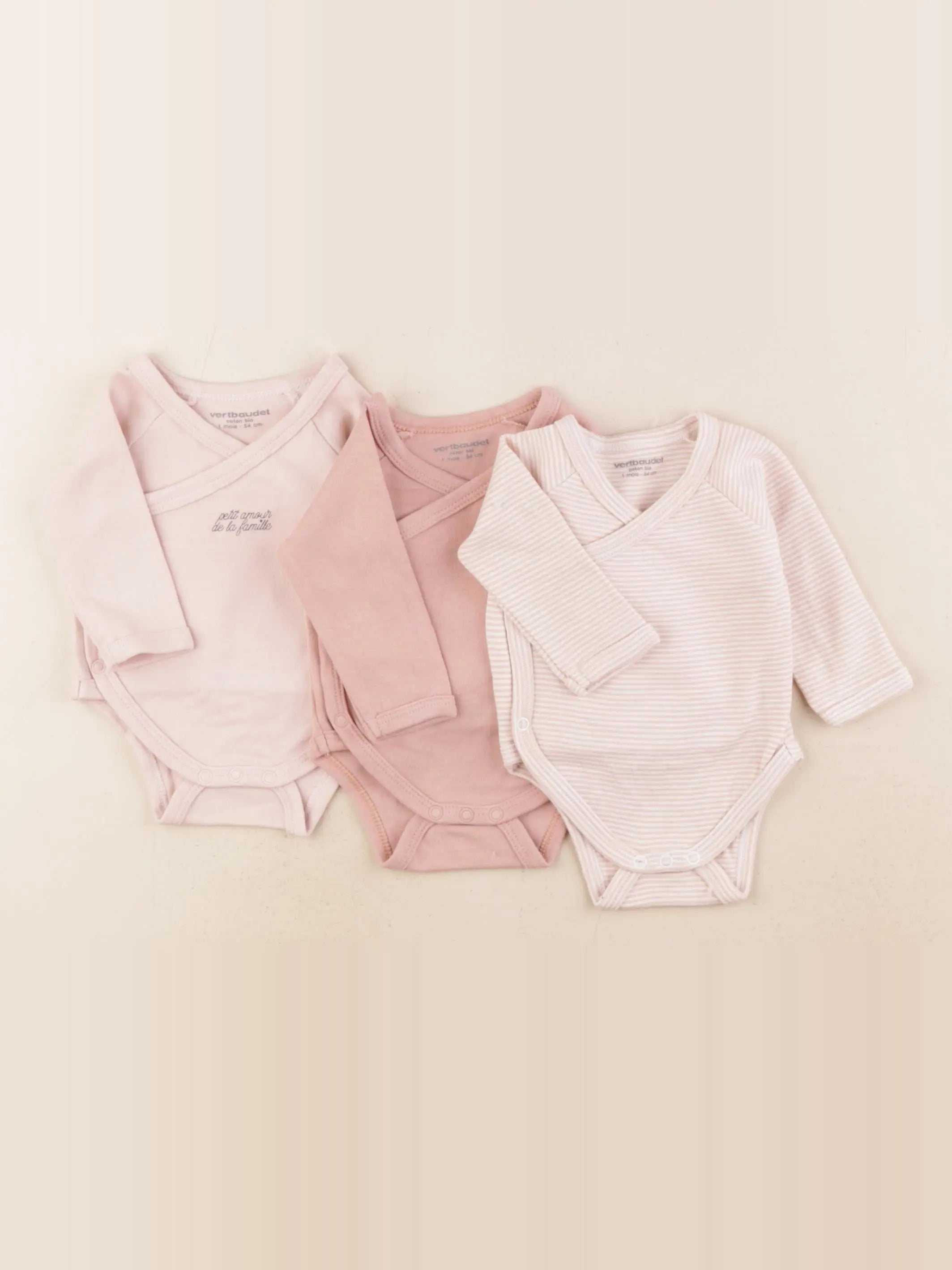Vertbaudet - lot de 3 bodies en coton rose - 1 mois