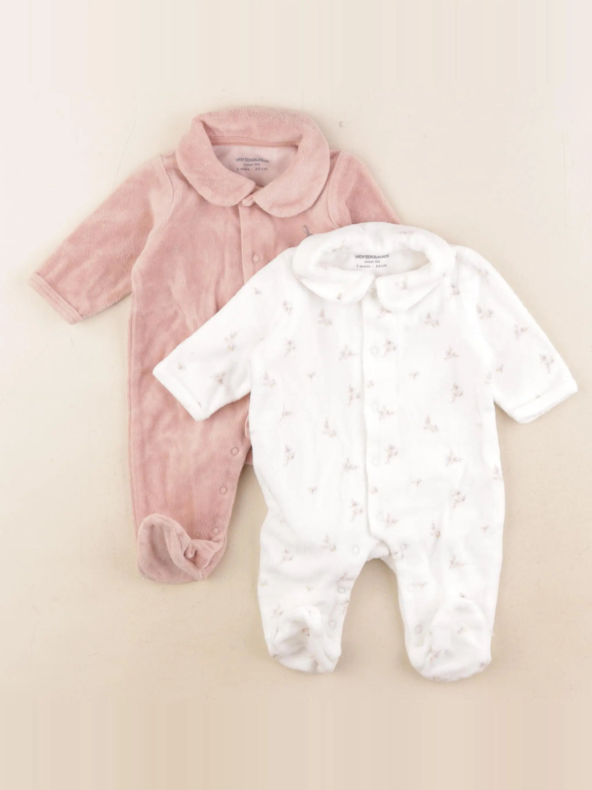 Vertbaudet - lot de 2 pyjamas velours blanc, rose - 1 mois