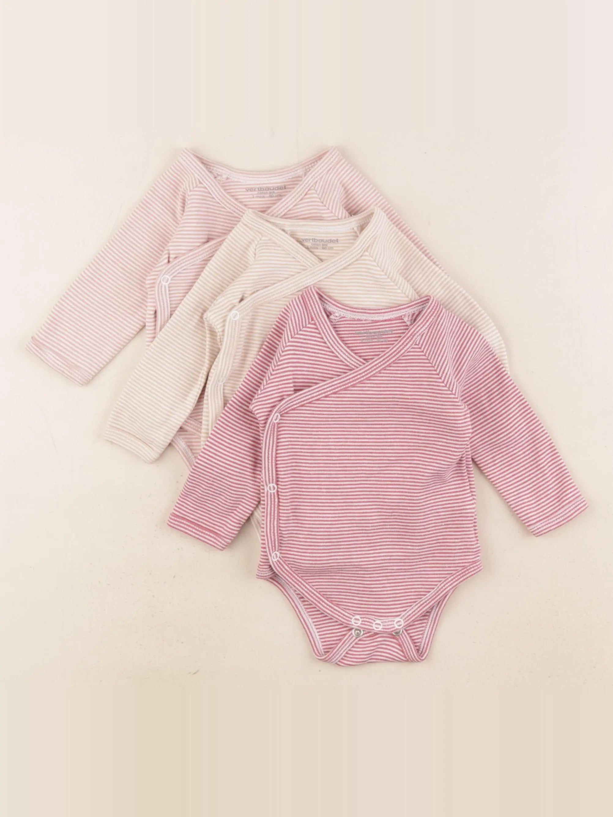Vertbaudet - lot de 3 bodies en coton beige, rouge - 3 mois