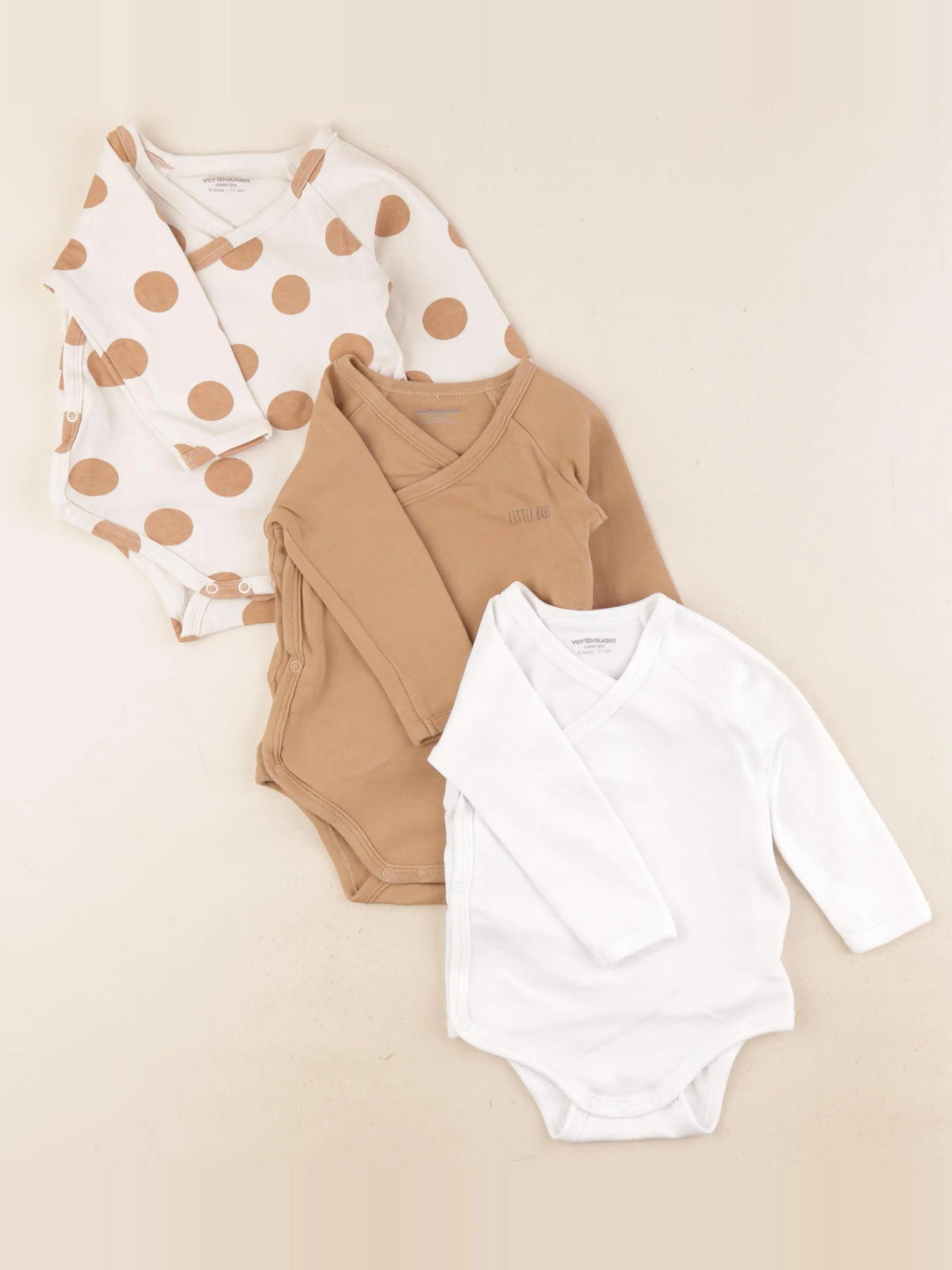 Vertbaudet - lot de 3 bodies en coton blanc, marron - 9 mois
