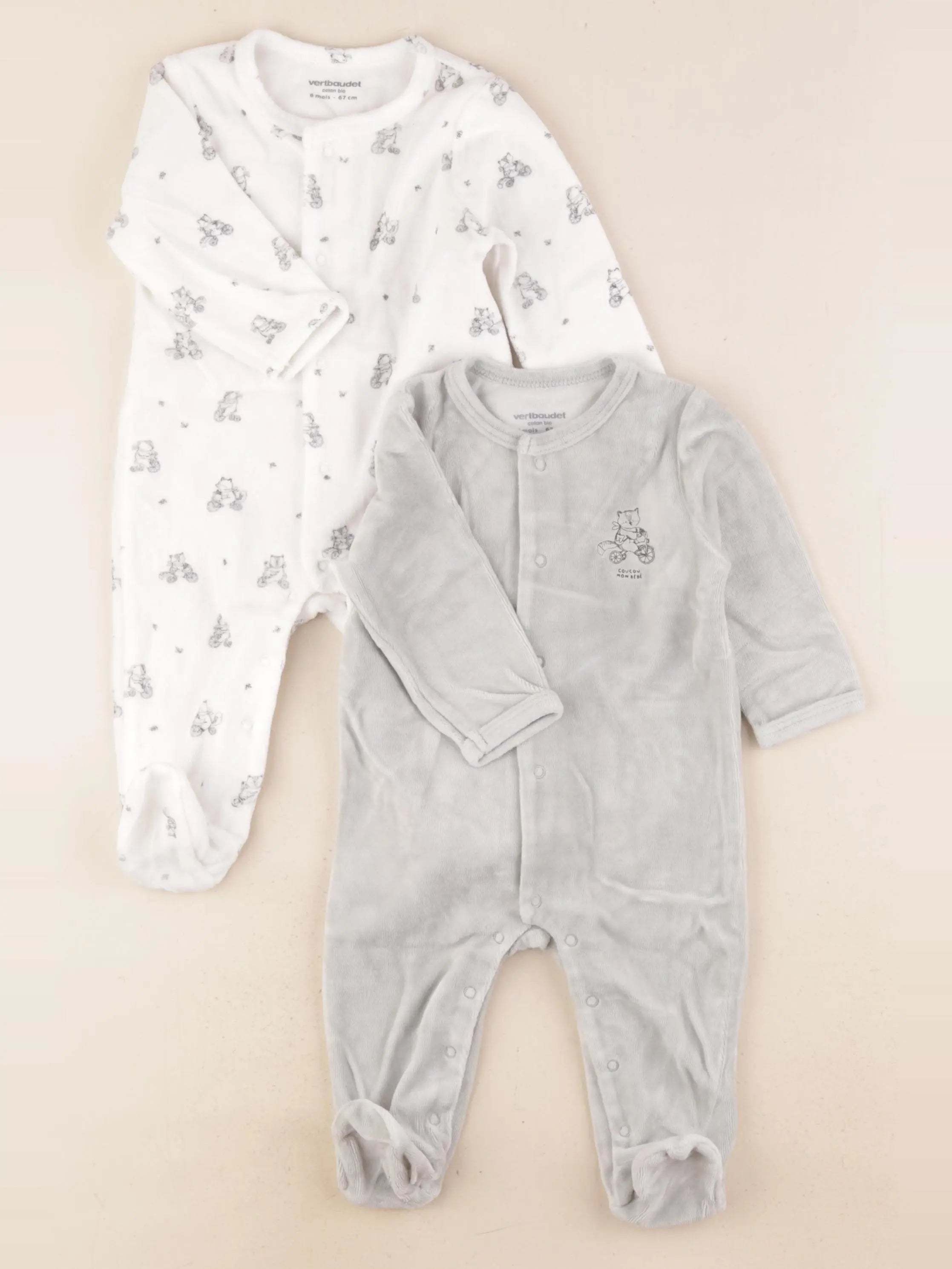 Vertbaudet - lot de 2 pyjamas velours blanc, vert - 6 mois
