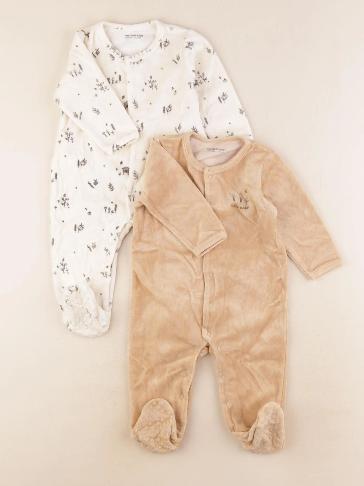 Vertbaudet - lot de 2 pyjamas velours beige, marron - 9 mois