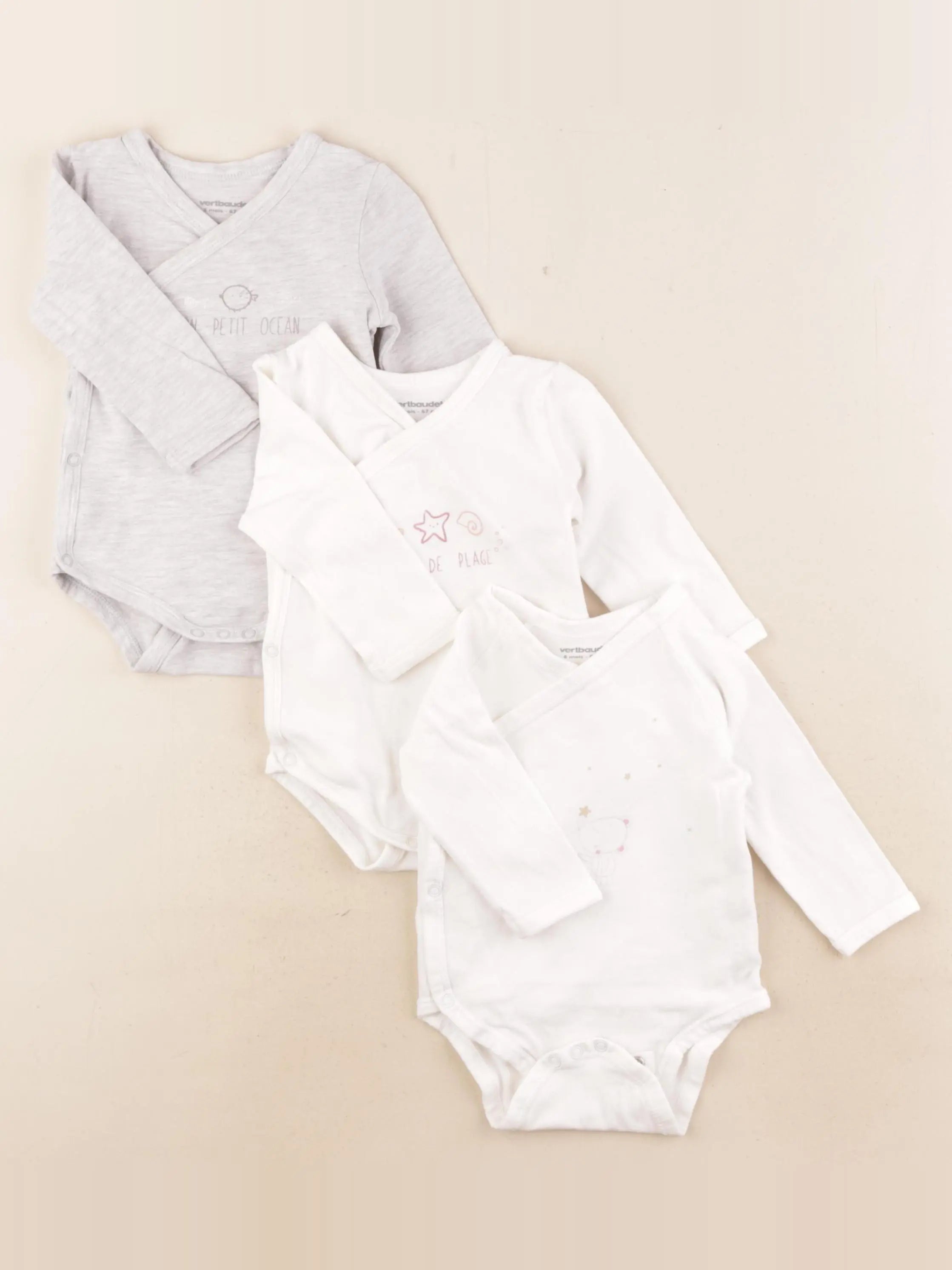 Vertbaudet - lot de 3 bodies en coton blanc, gris - 1 mois