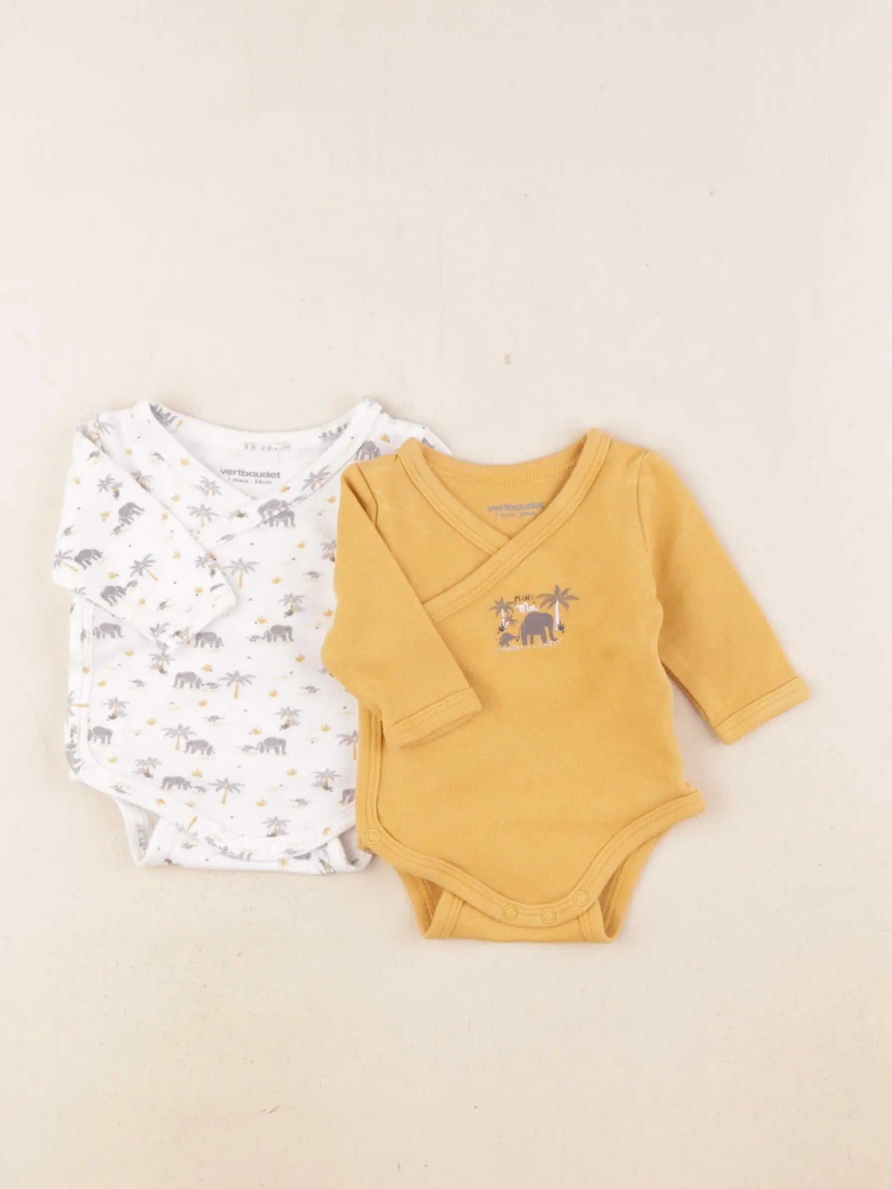 Vertbaudet - lot de 2 bodies en coton multicolore, jaune - 1 mois