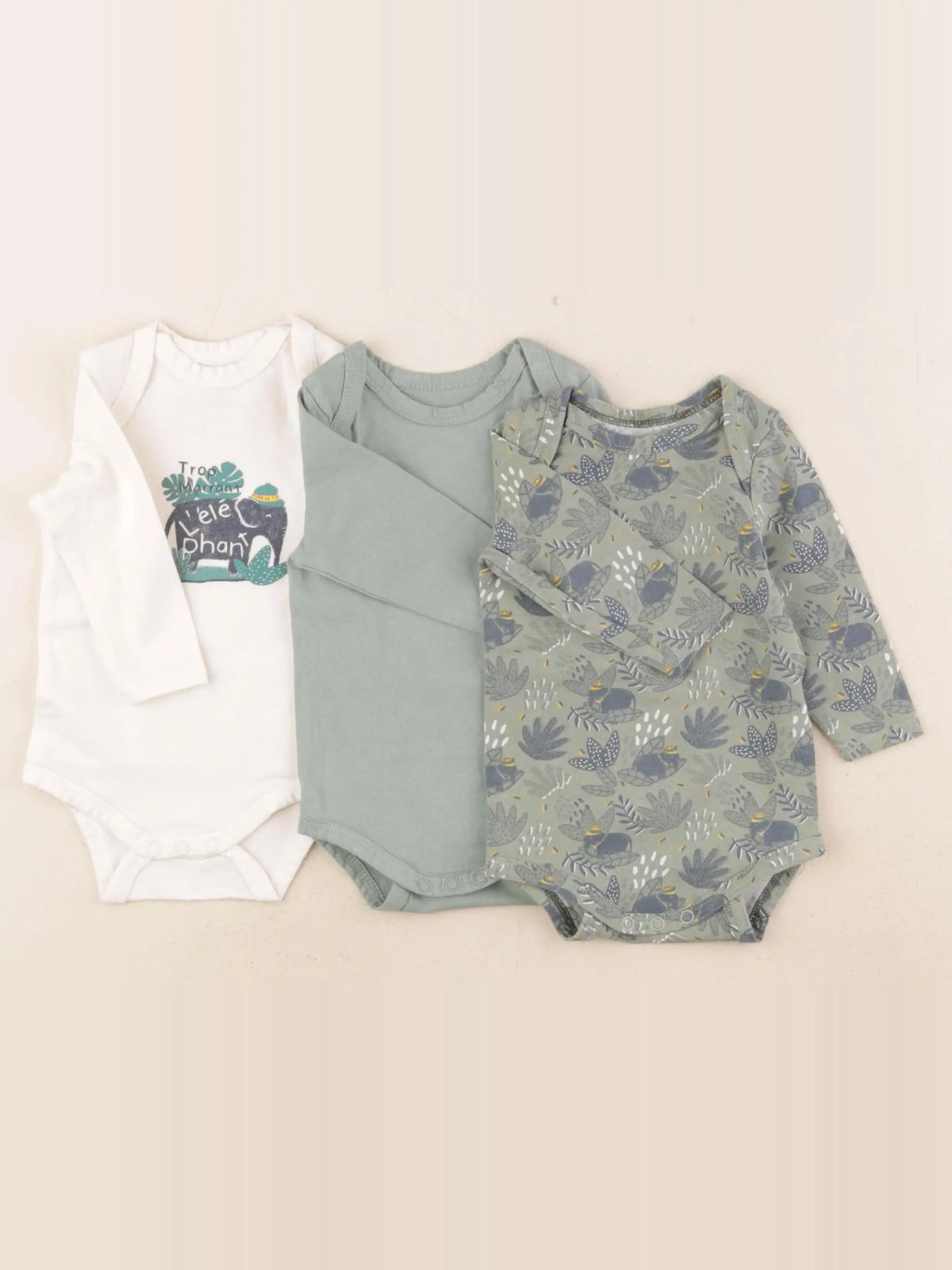 Tape à l'oeil - lot de 3 bodies en coton vert, beige - 3 mois