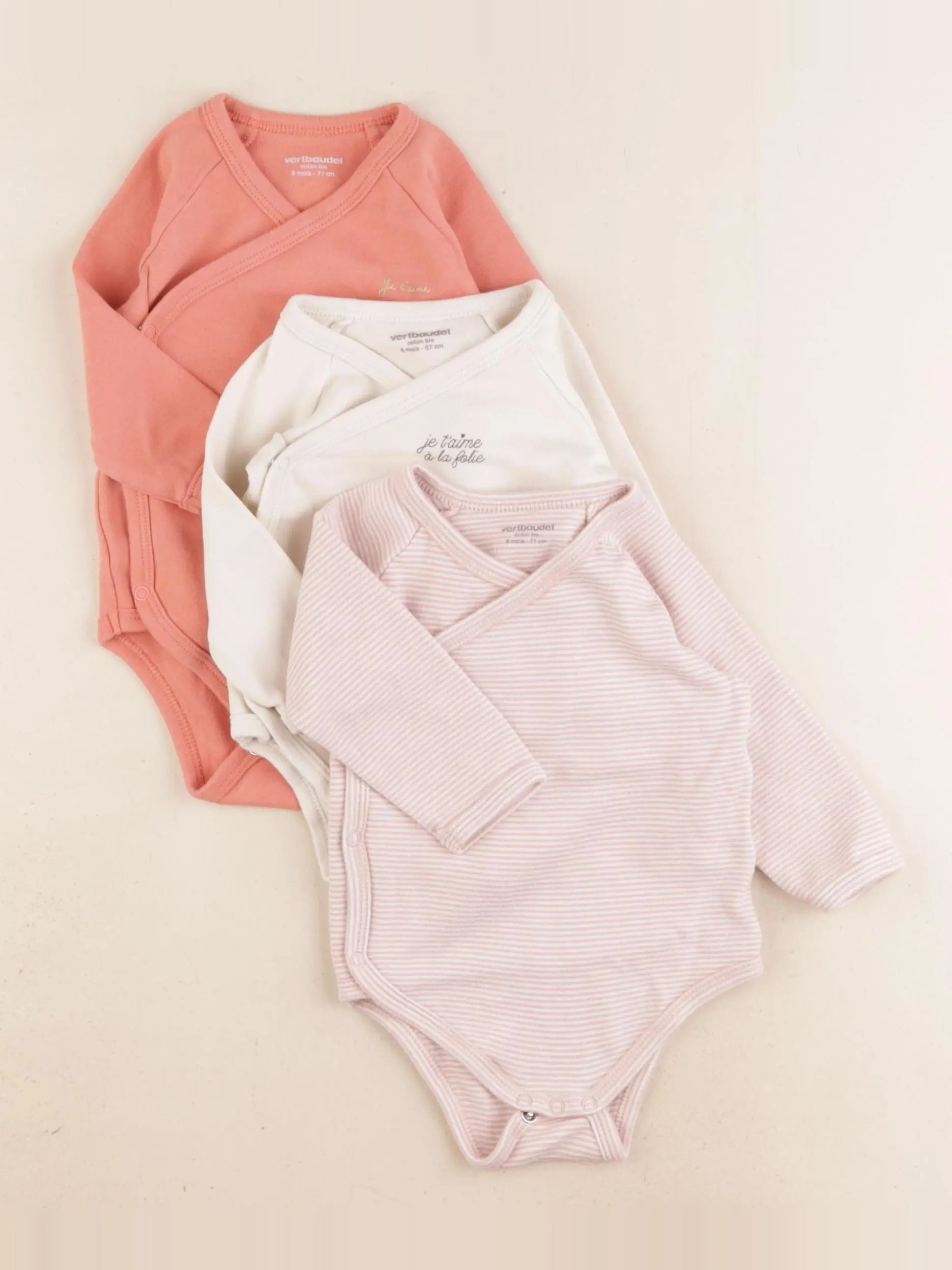 Vertbaudet - lot de 3 bodies en coton rose - 9 mois