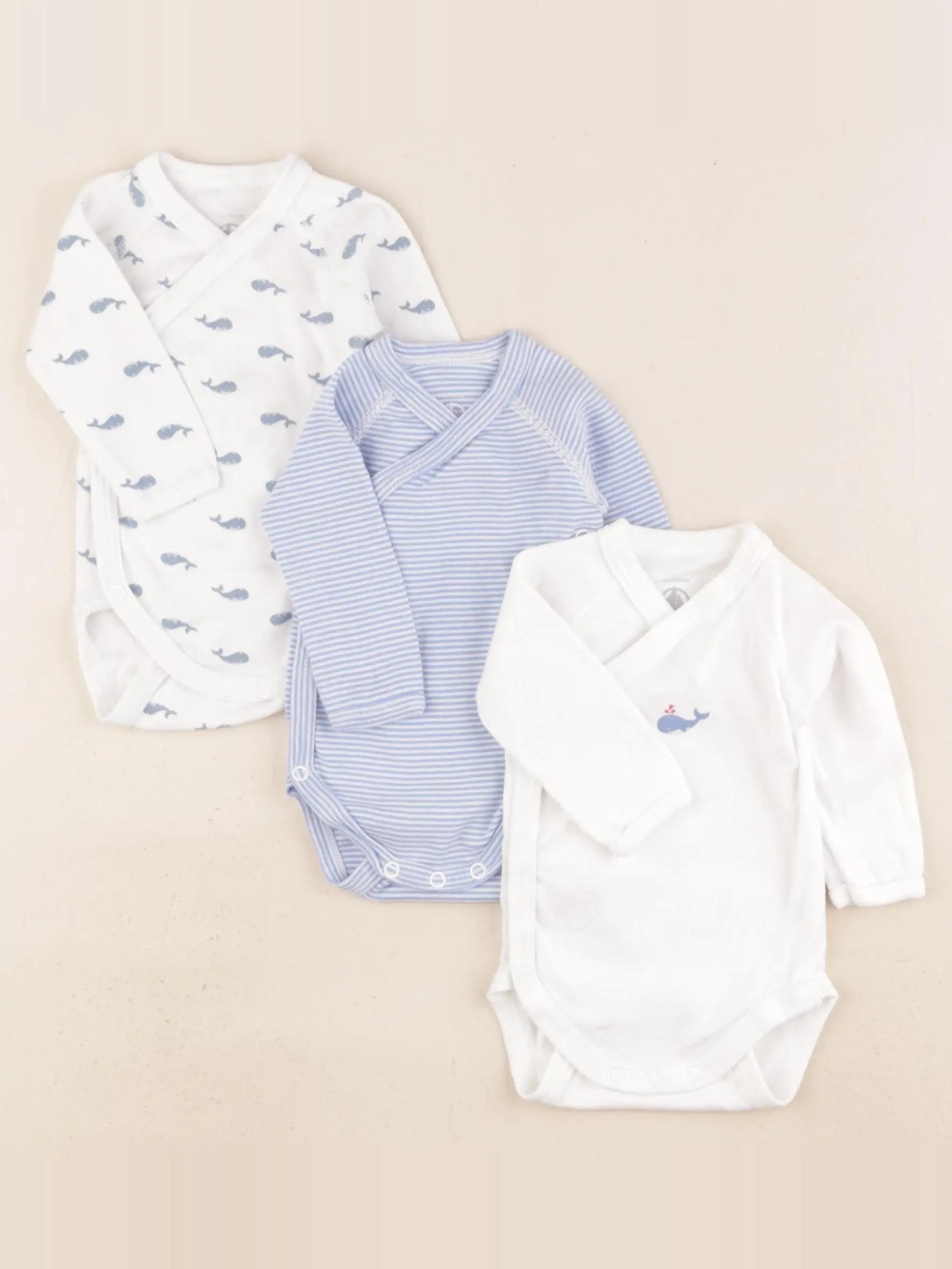 Petit Bateau - lot de 3 bodies en coton bleu, blanc - 1 mois