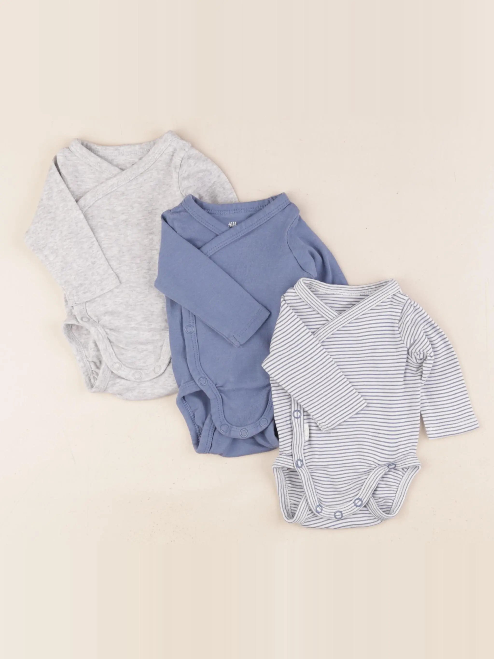 H&M - lot de 3 bodies en coton bleu, gris - 0/1 mois