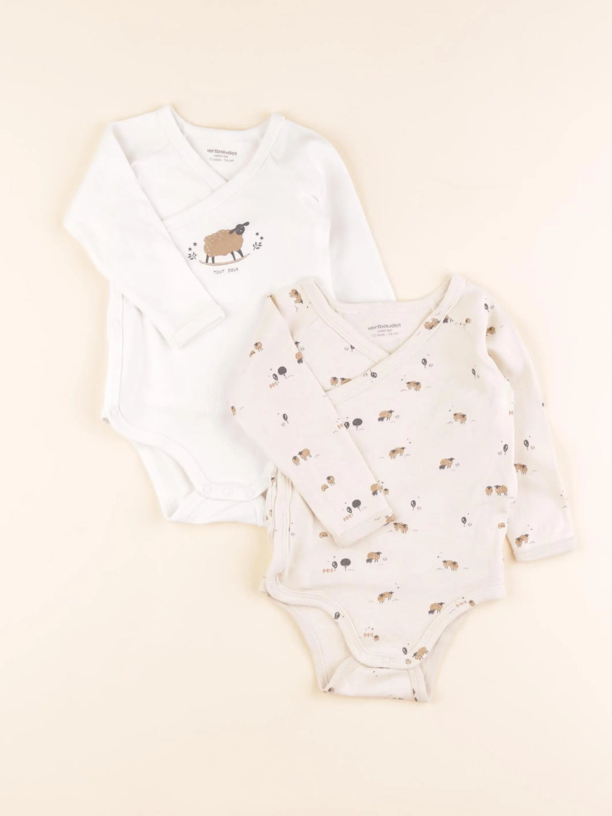 Vertbaudet - lot de 2 bodies en coton beige, blanc - 12 mois